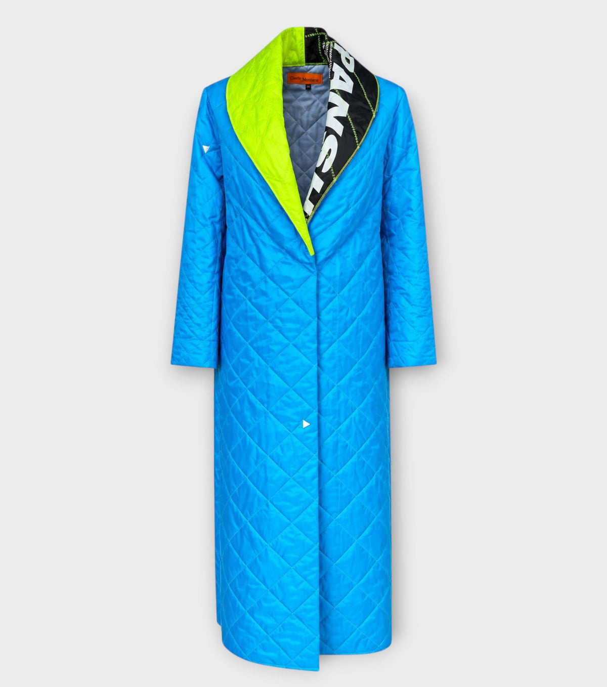 STUDIO WUNDERBAR Kite Classic: electric blue diamond-quilted maxi coat with neon green lapels and black-and-white graphic accents, women's and men's upcycled long coat, product photo, buy at DOORS NYC