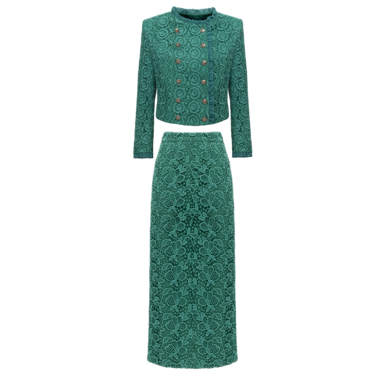 Emerald Green Lace Cropped Jacket and Midi Skirt Set