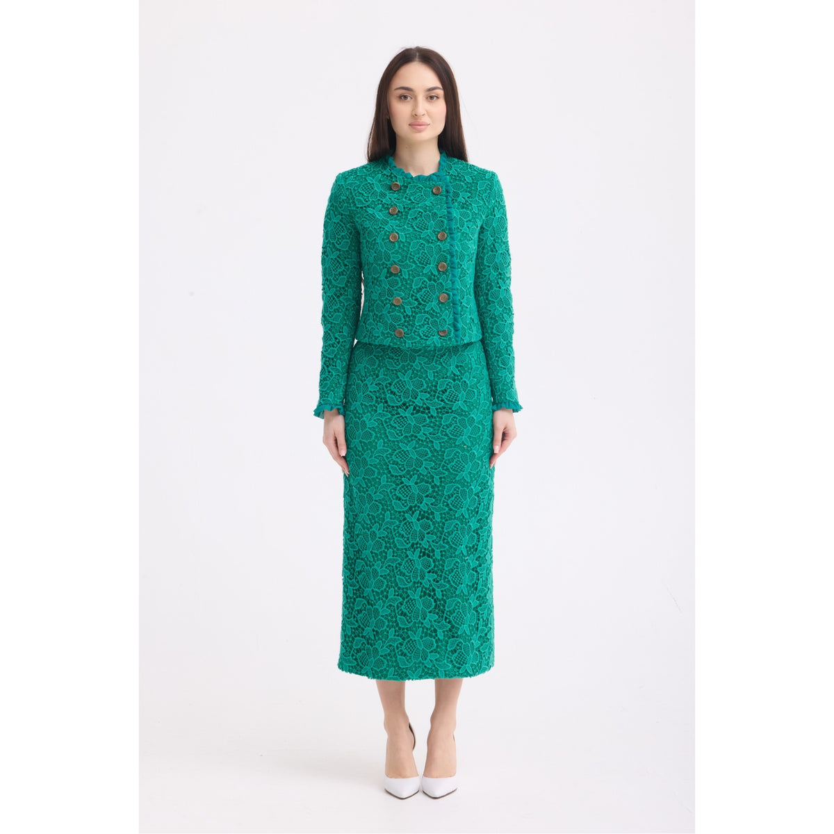 Emerald Green Lace Cropped Jacket and Midi Skirt Set