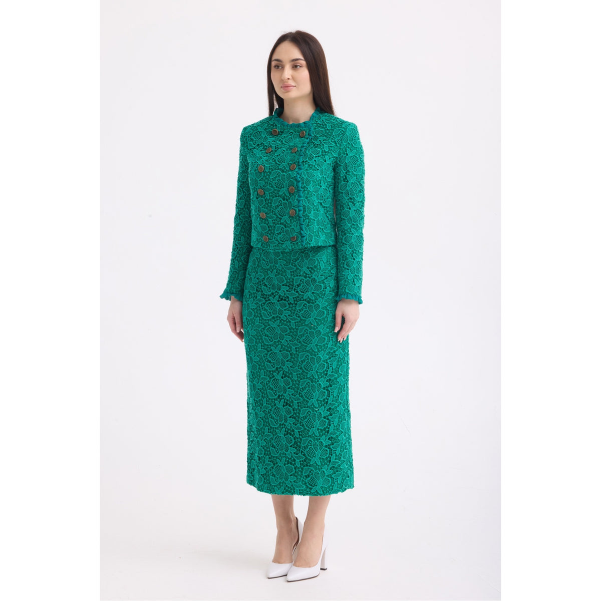 Emerald Green Lace Cropped Jacket and Midi Skirt Set