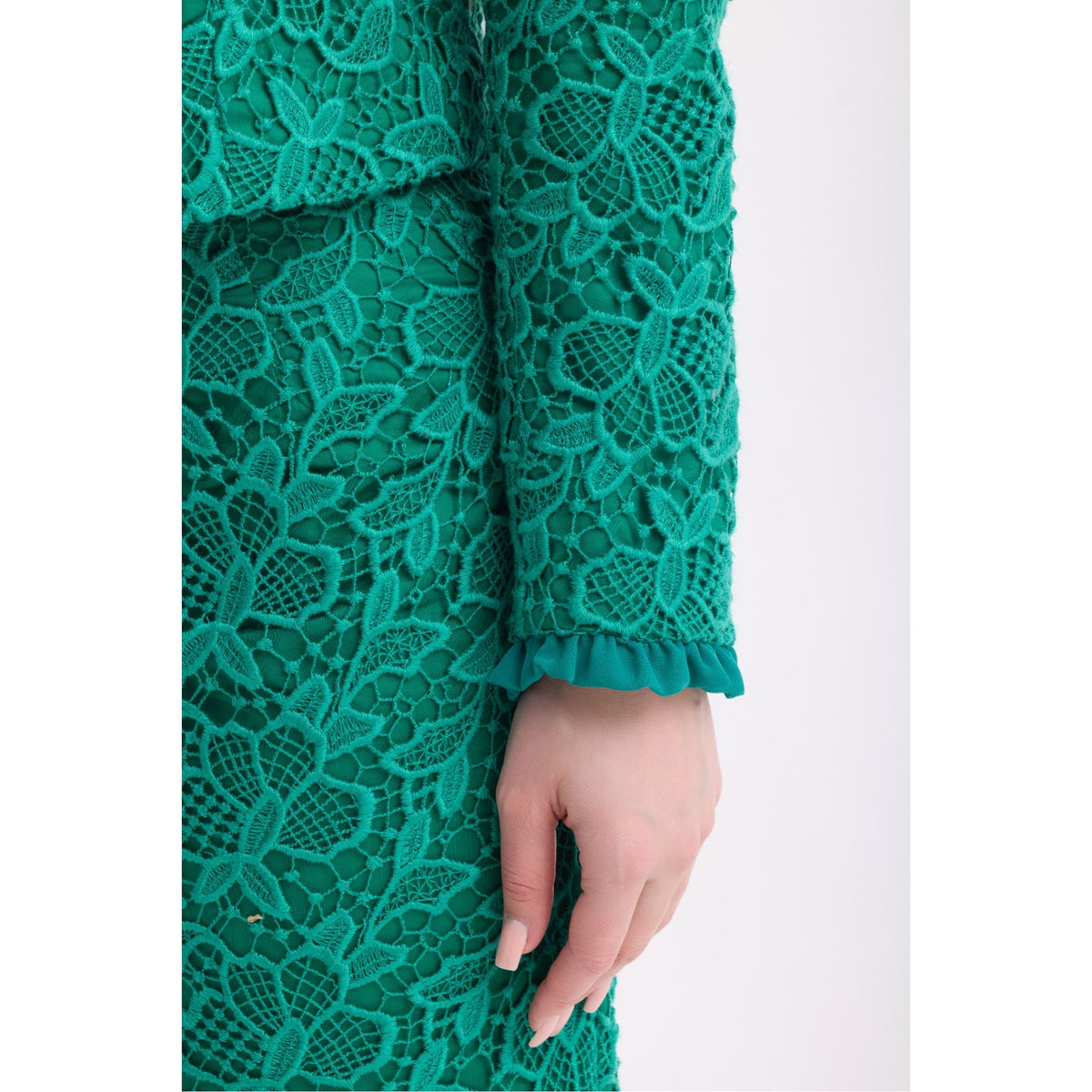 Emerald Green Lace Cropped Jacket and Midi Skirt Set