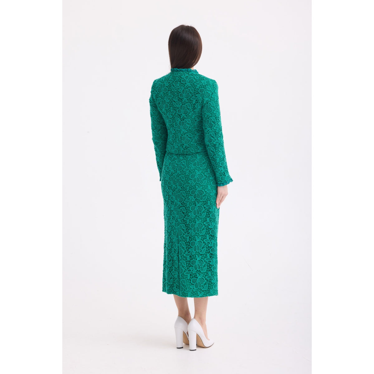 Emerald Green Lace Cropped Jacket and Midi Skirt Set