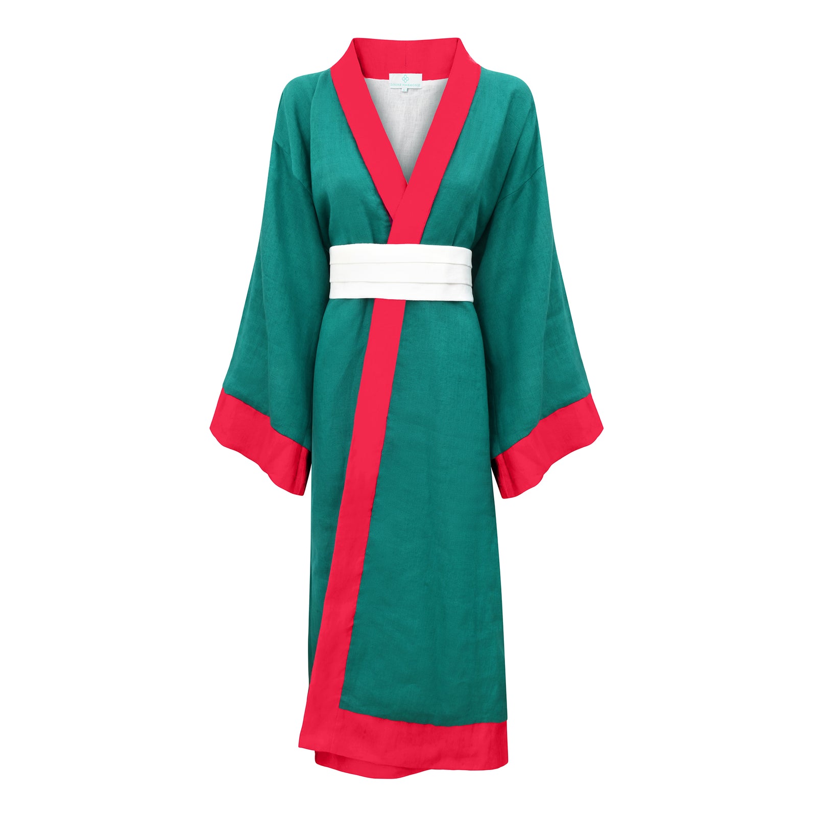 Green and red robe with white belt on a white background