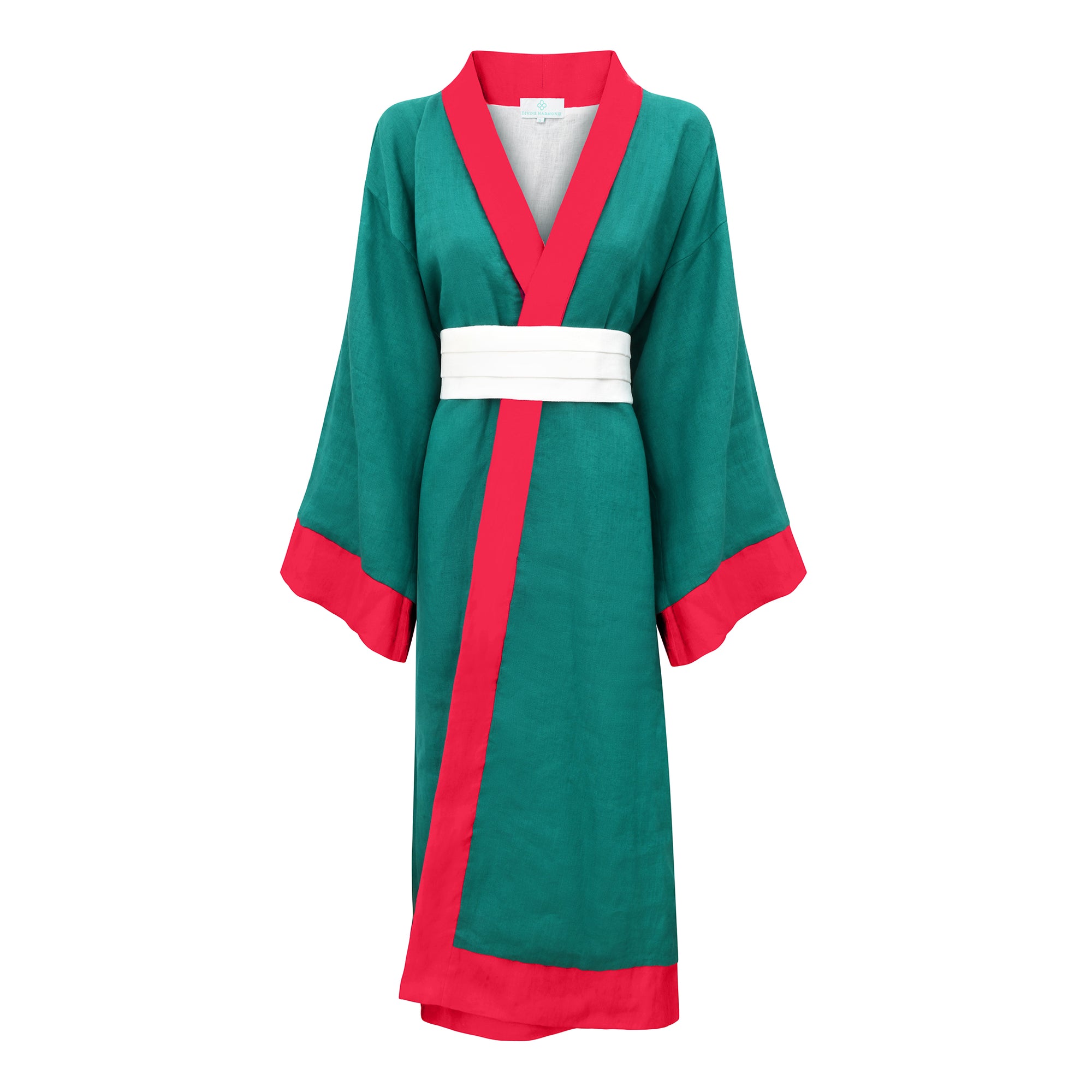 Green and red robe with white belt on a white background