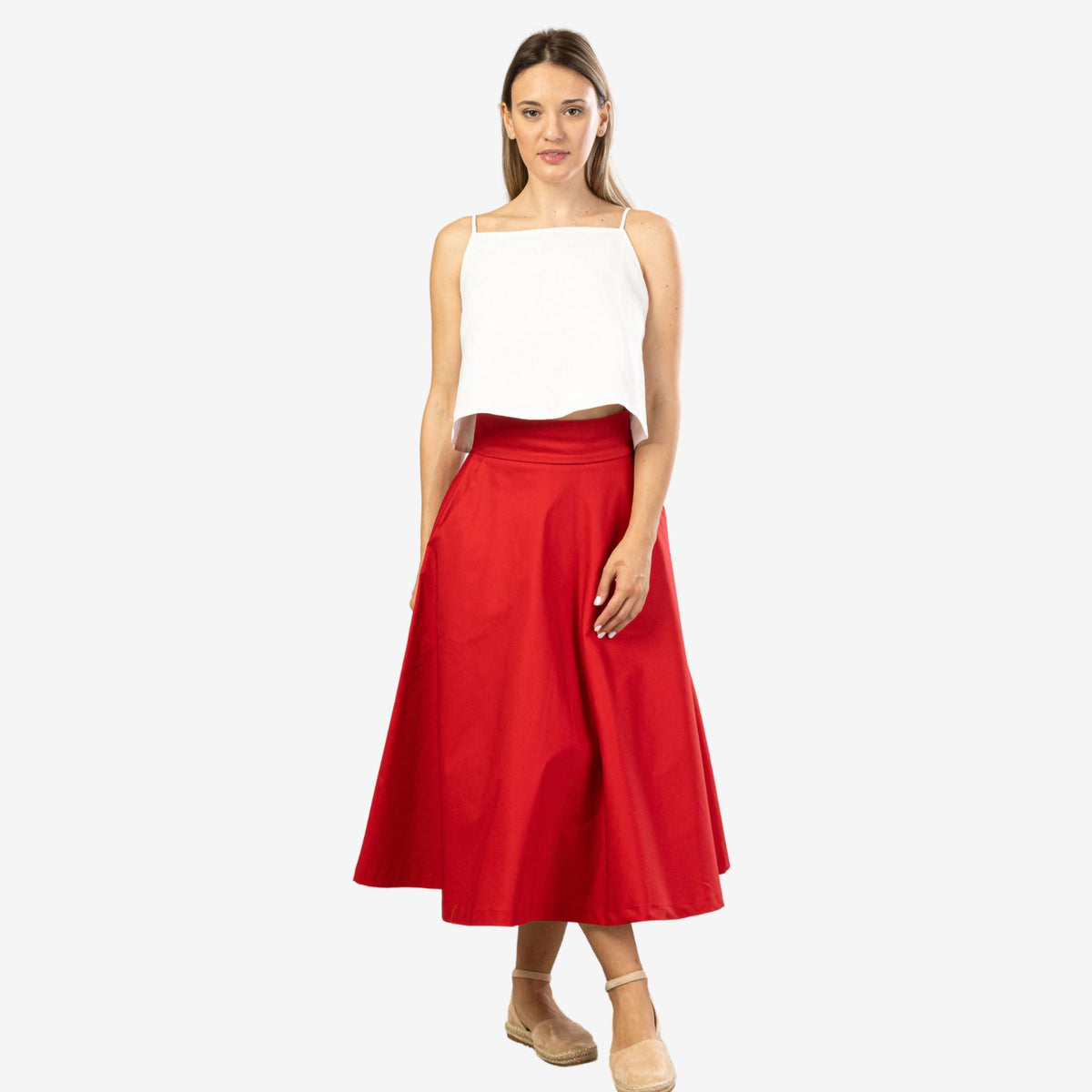 Estelle Red Cotton Midi Skirt