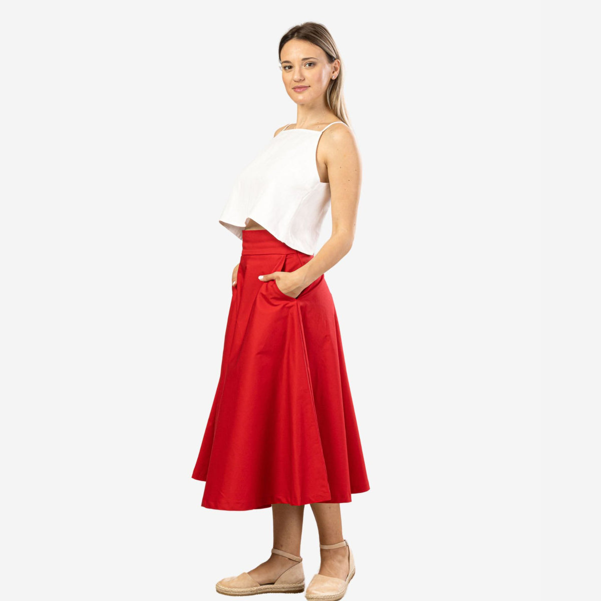 Estelle Red Cotton Midi Skirt