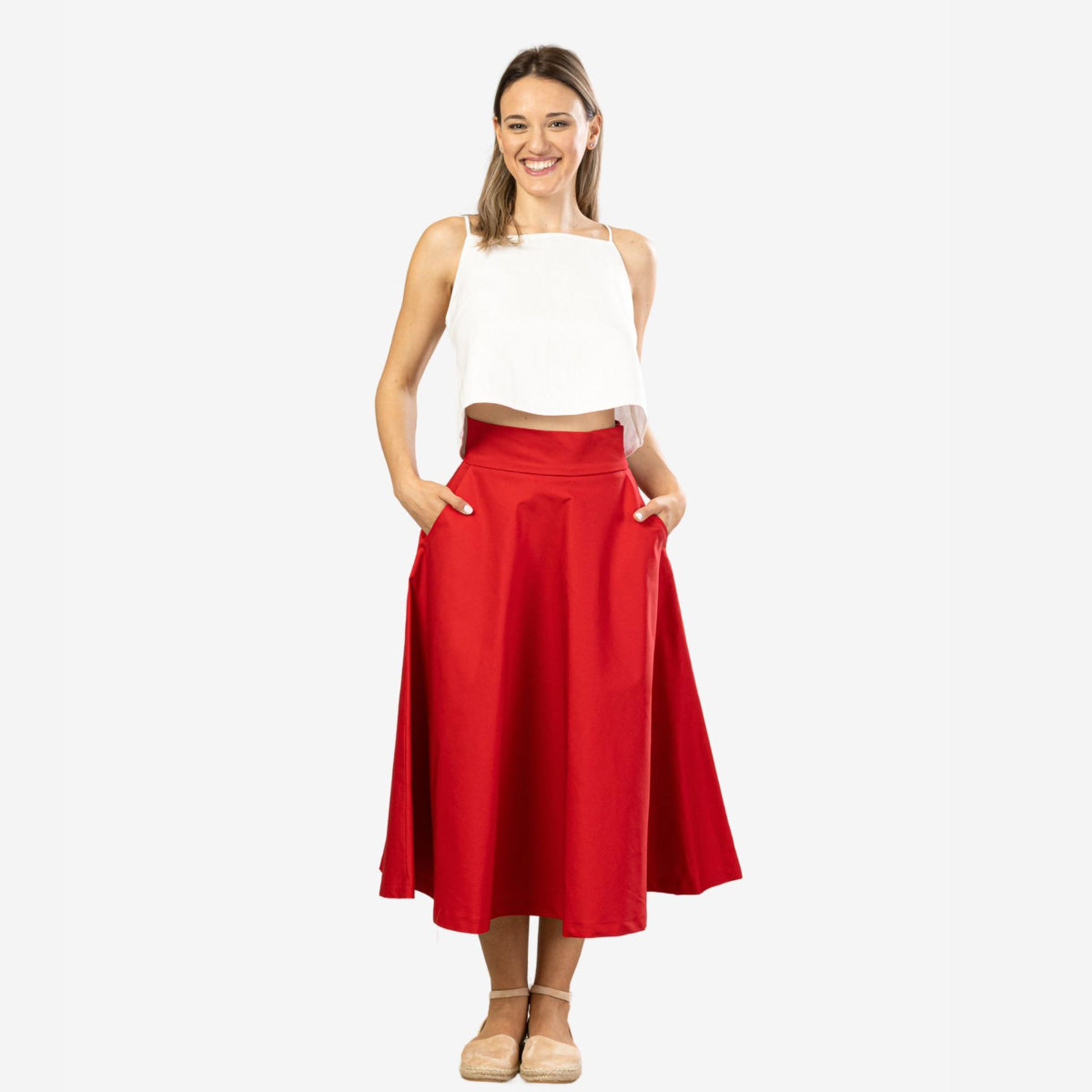Estelle Red Cotton Midi Skirt