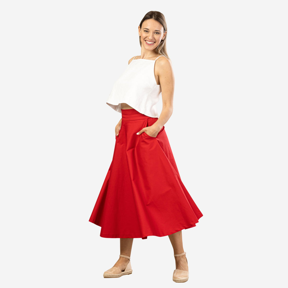 Estelle Red Cotton Midi Skirt