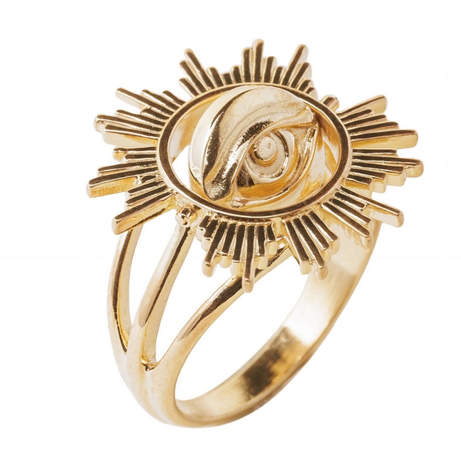 Gold ring with sun design on a white background