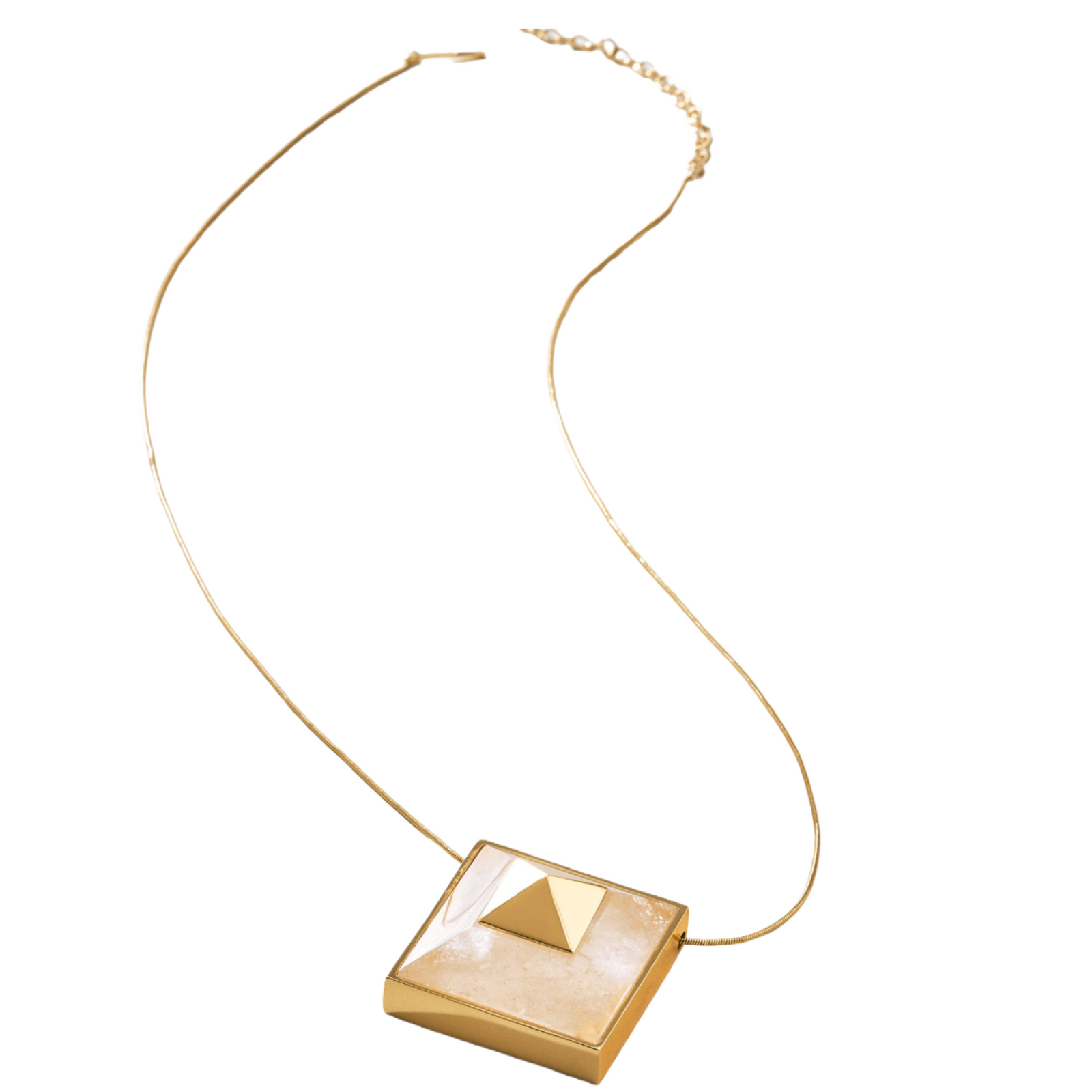 The ANNA PRATA Gold Vértice L Necklace from the Faces Collection features a thin chain and a square pendant with a raised pyramid design, shown on a white background.