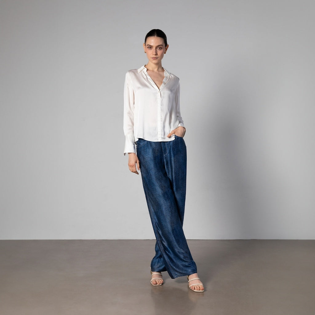 Silk Wide-Leg Jeans with Contrast Stitching