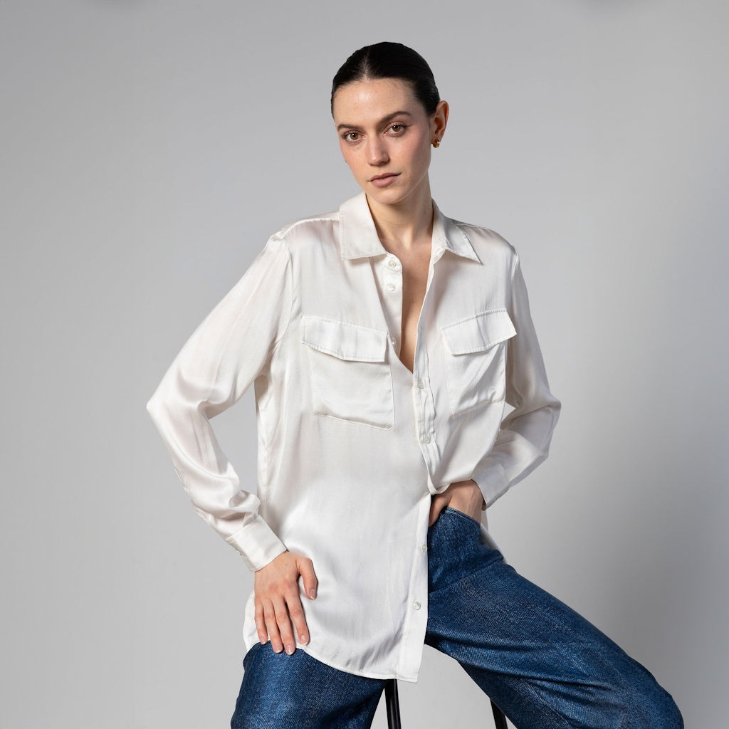 White Boyfriend Silk Shirt with Double Pockets