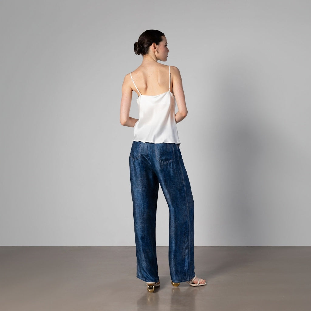 Silk Wide-Leg Jeans with Contrast Stitching