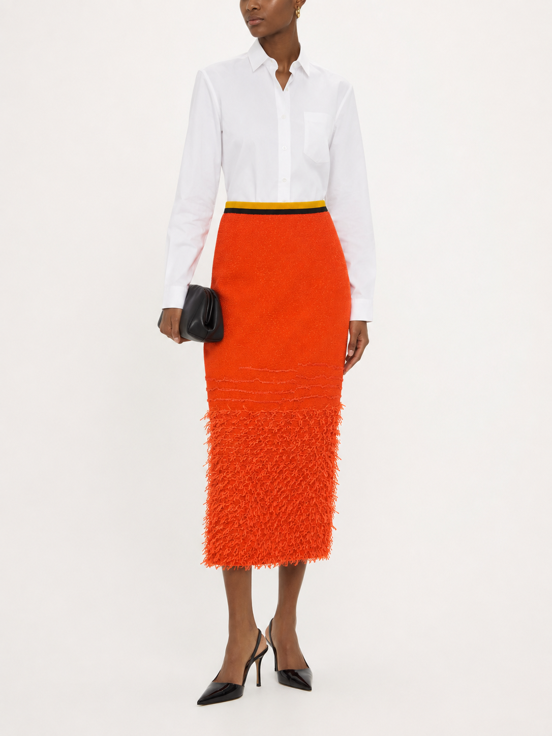 NARCISS - Orange Textured Fringe Midi Pencil Skirt, buy at DOORS NYC