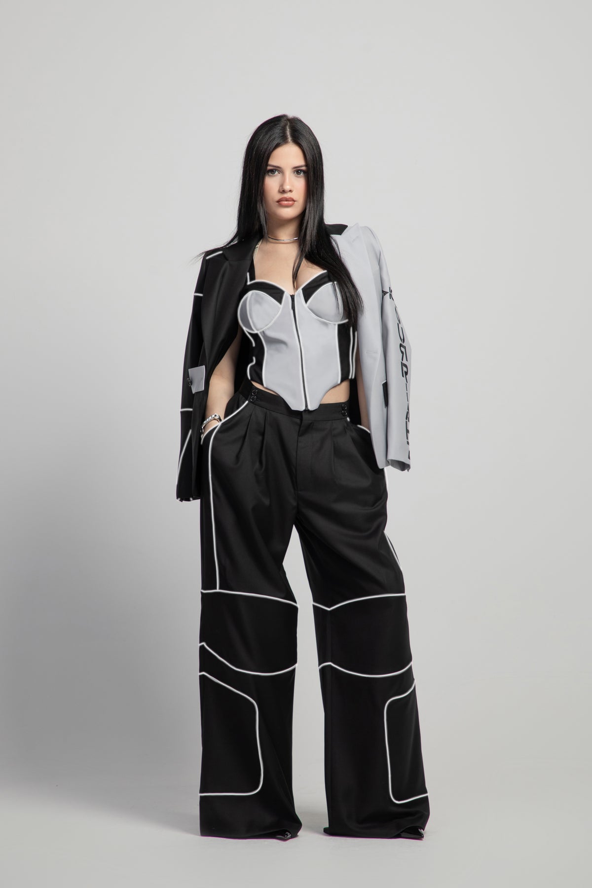FLARED REFLECTIVE PANTS front, black, VICTOURRIAHZ