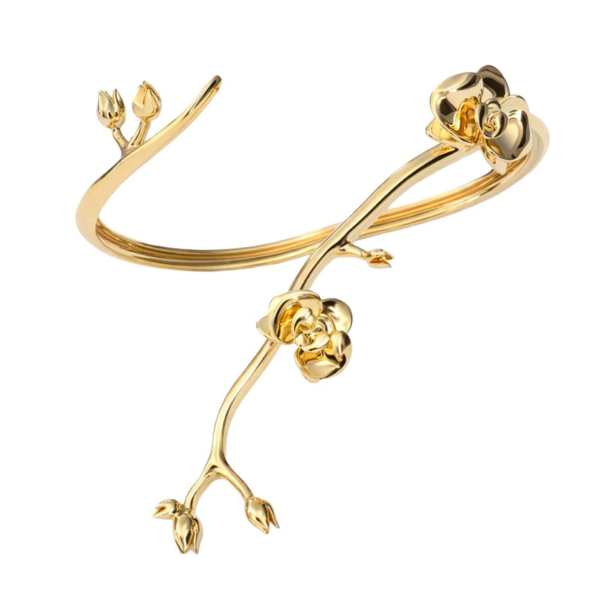 The Gold Floralis Bracelet from ANNA PRATA’s AFlora Collection boasts a modern romantic style, crafted in gold to mimic a rose branch with intricate flowers and buds on its elegantly curved open band.