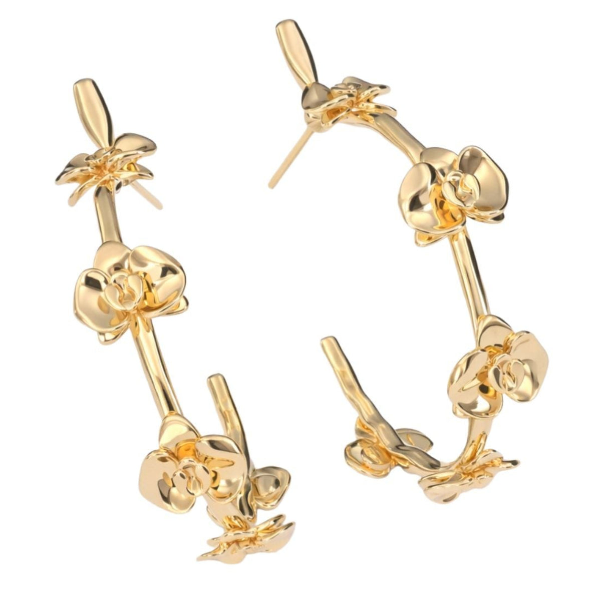The ANNA PRATA Gold Floralis Hoop from the AFlora Collection features elegant gold hoops adorned with evenly spaced three-dimensional floral designs for a refined, decorative look.