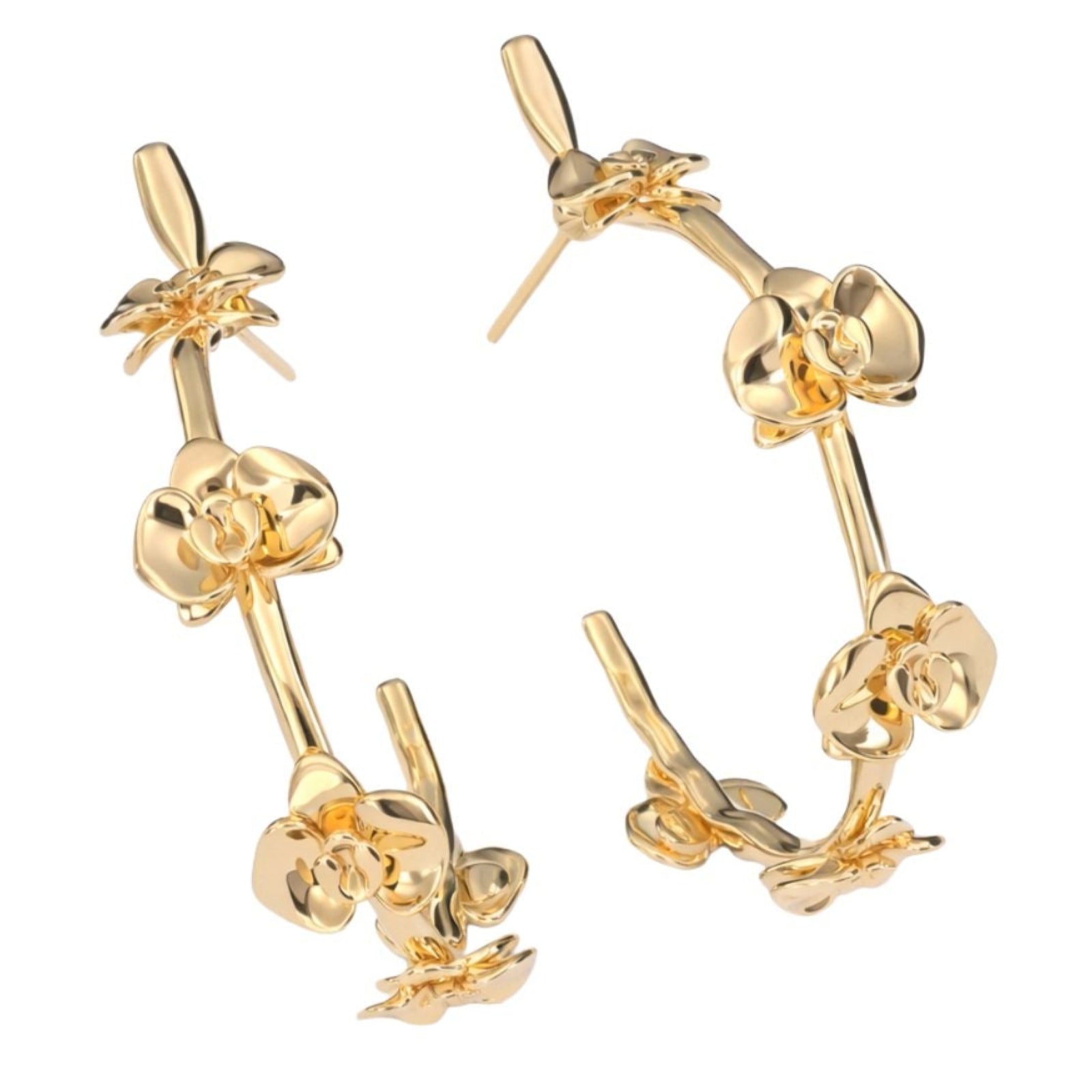 The ANNA PRATA Gold Floralis Hoop from the AFlora Collection features elegant gold hoops adorned with evenly spaced three-dimensional floral designs for a refined, decorative look.