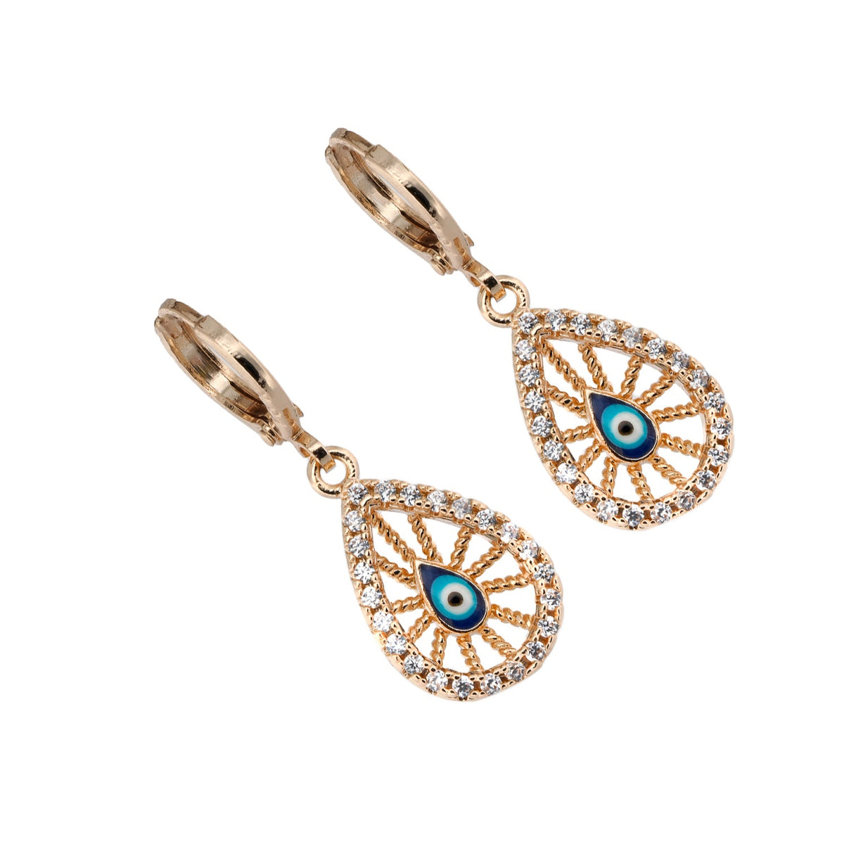 18K gold filigree earrings featuring diamonds and blue enamel evil eye