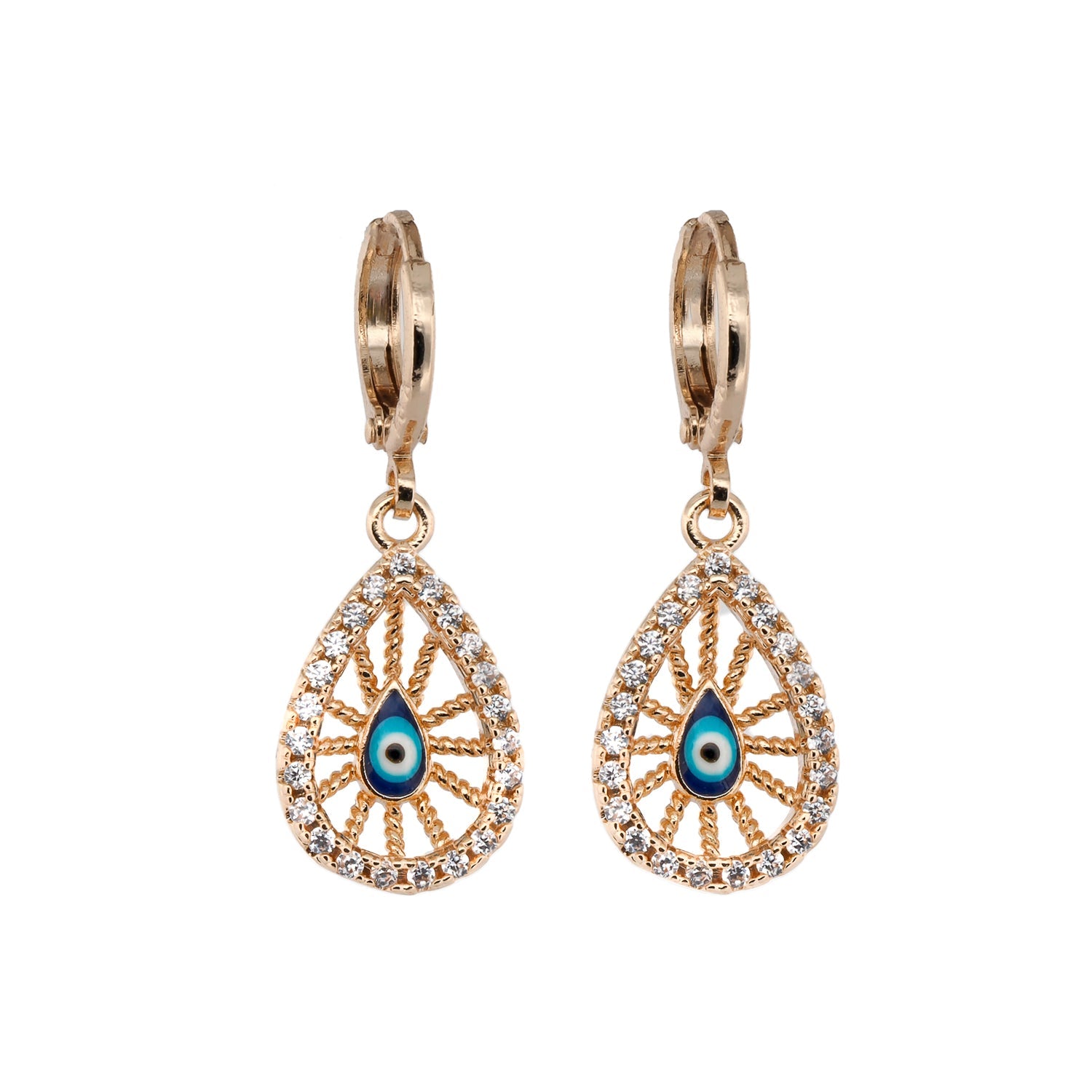 Elegant 18K gold-plated earrings featuring filigree evil eye design