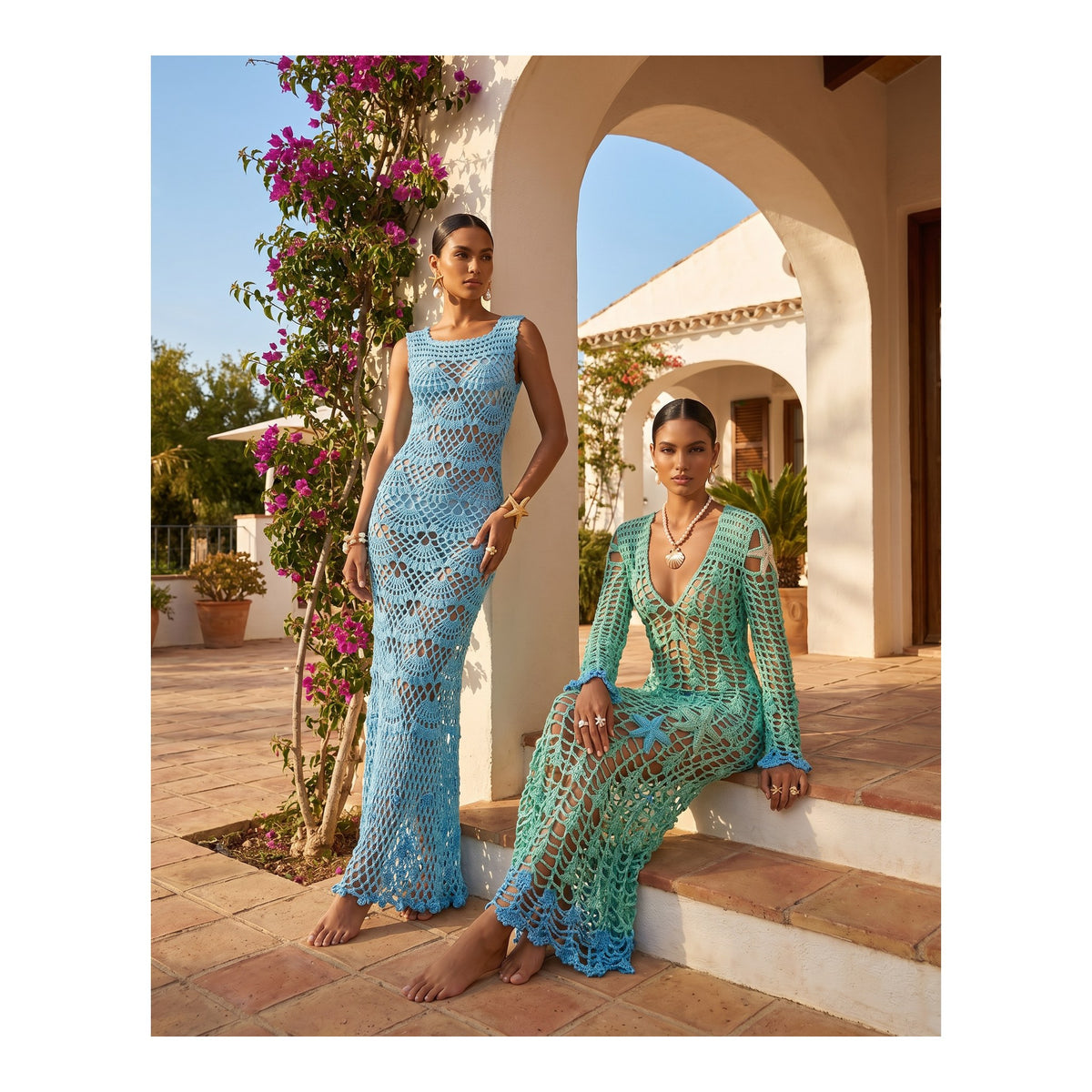 Two women pose by a Mediterranean-style building with arches and bougainvillea; one stands in the ANDREEVA Aqua Marine Handmade Maxi Cover-Up Dress, while the other in green sits on tiled steps.
