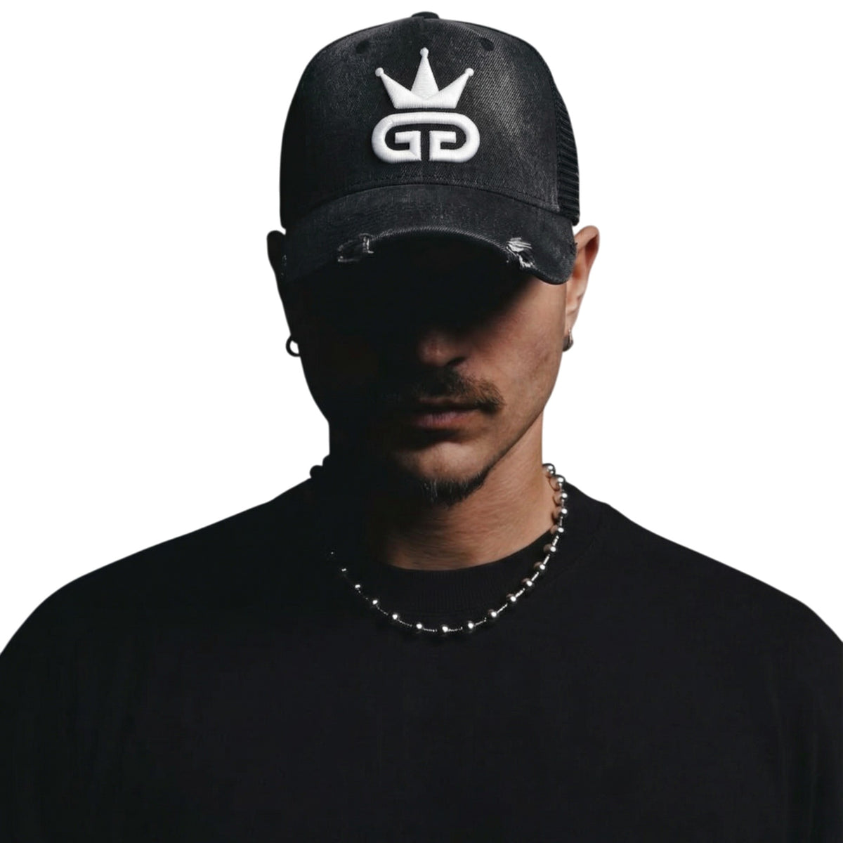 Acid Wash Distressed Black Denim Mesh Hat