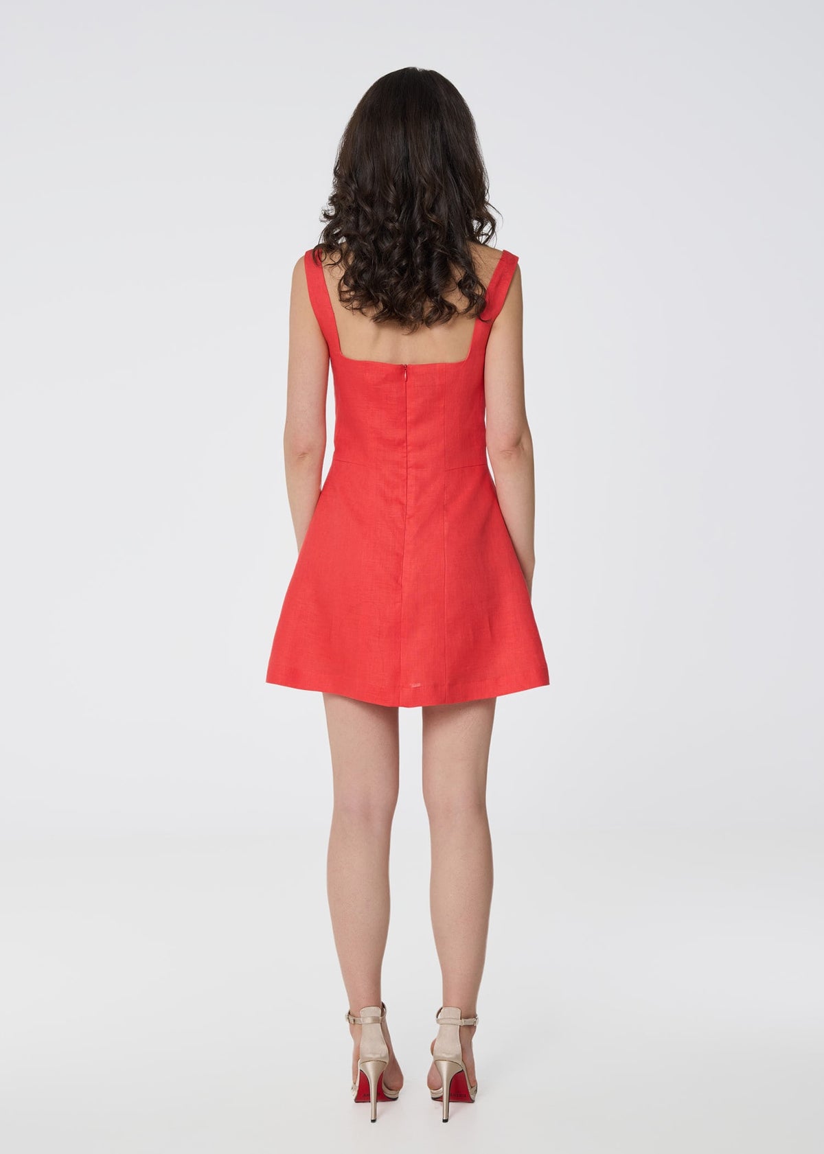 Coral Red Linen Mini Dress with Rose Strap