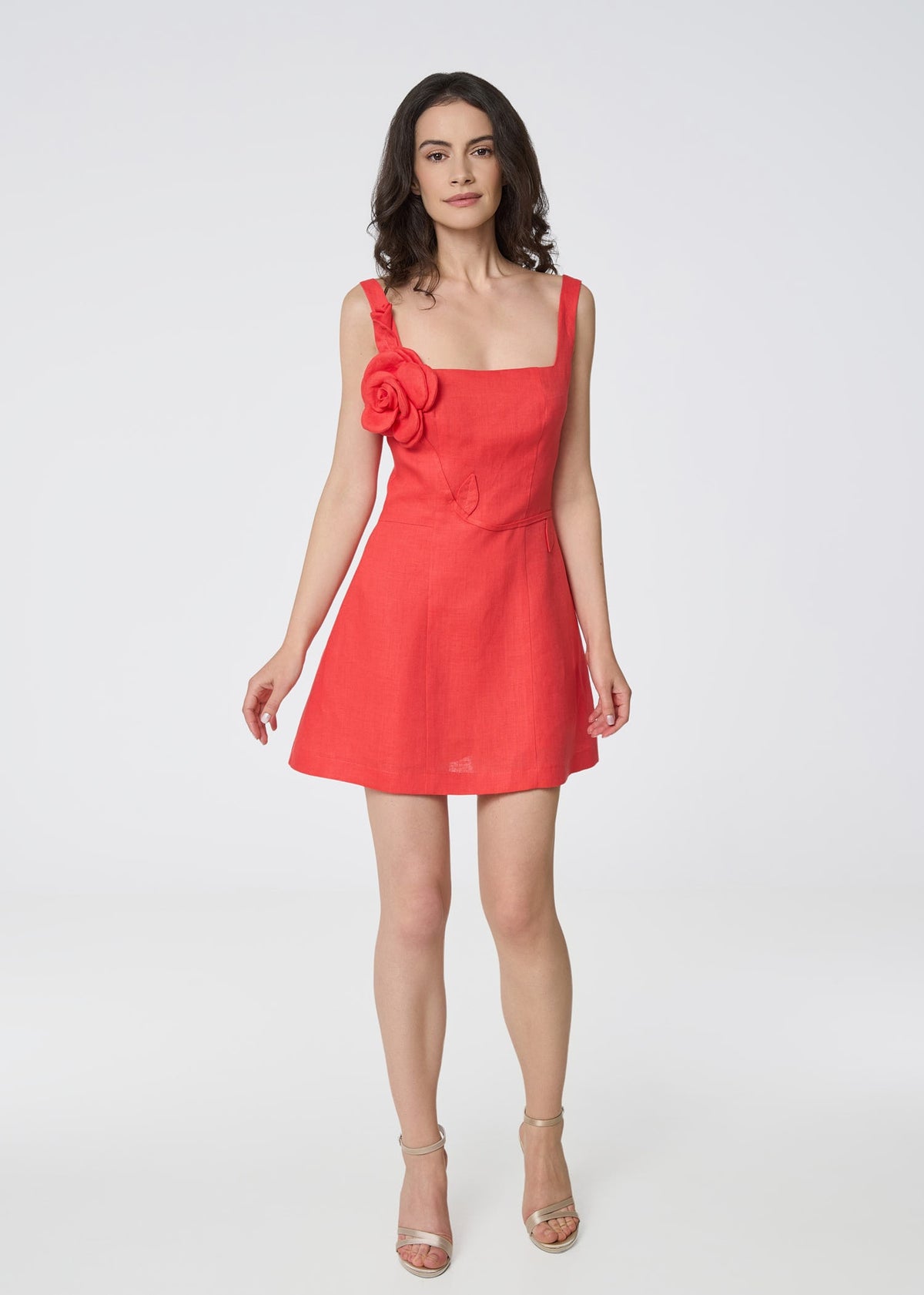 Coral Red Linen Mini Dress with Rose Strap