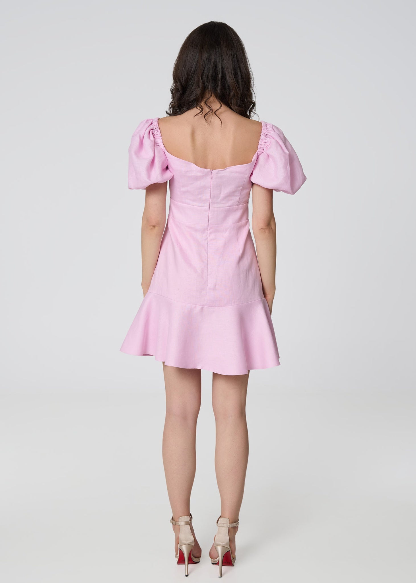 Pink Linen Mini Dress with Puff Sleeves