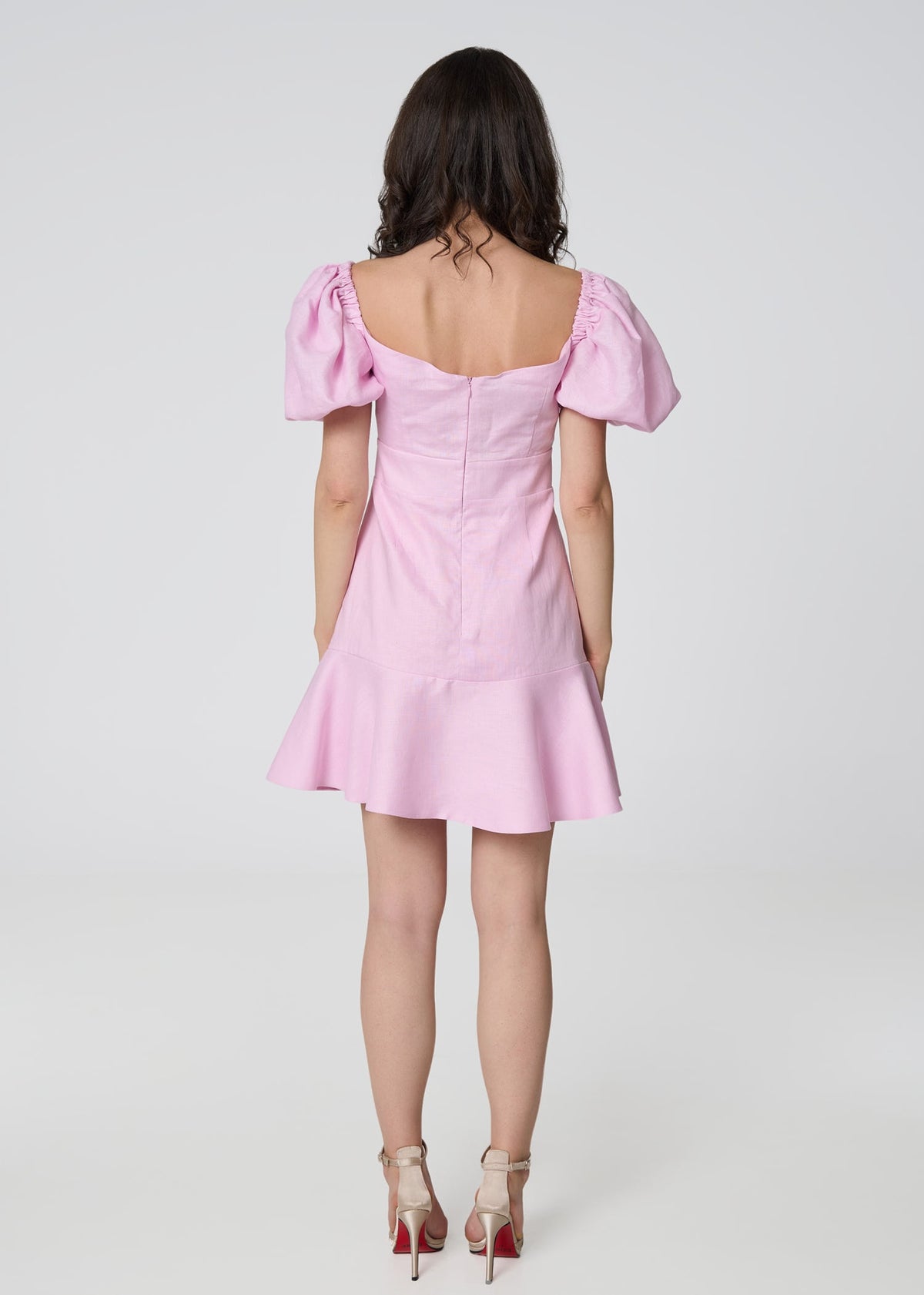 Pink Linen Mini Dress with Puff Sleeves