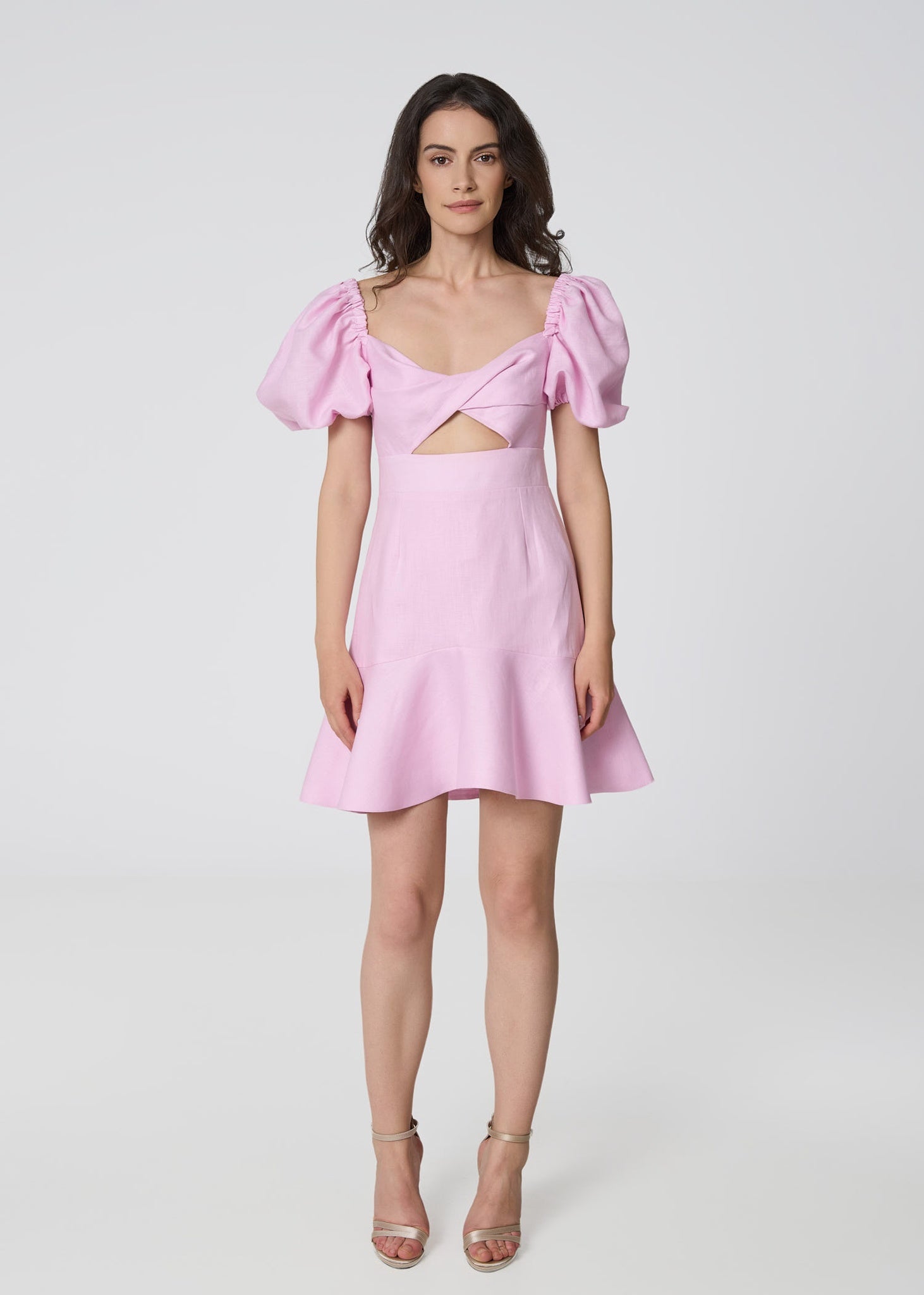 Pink Linen Mini Dress with Puff Sleeves