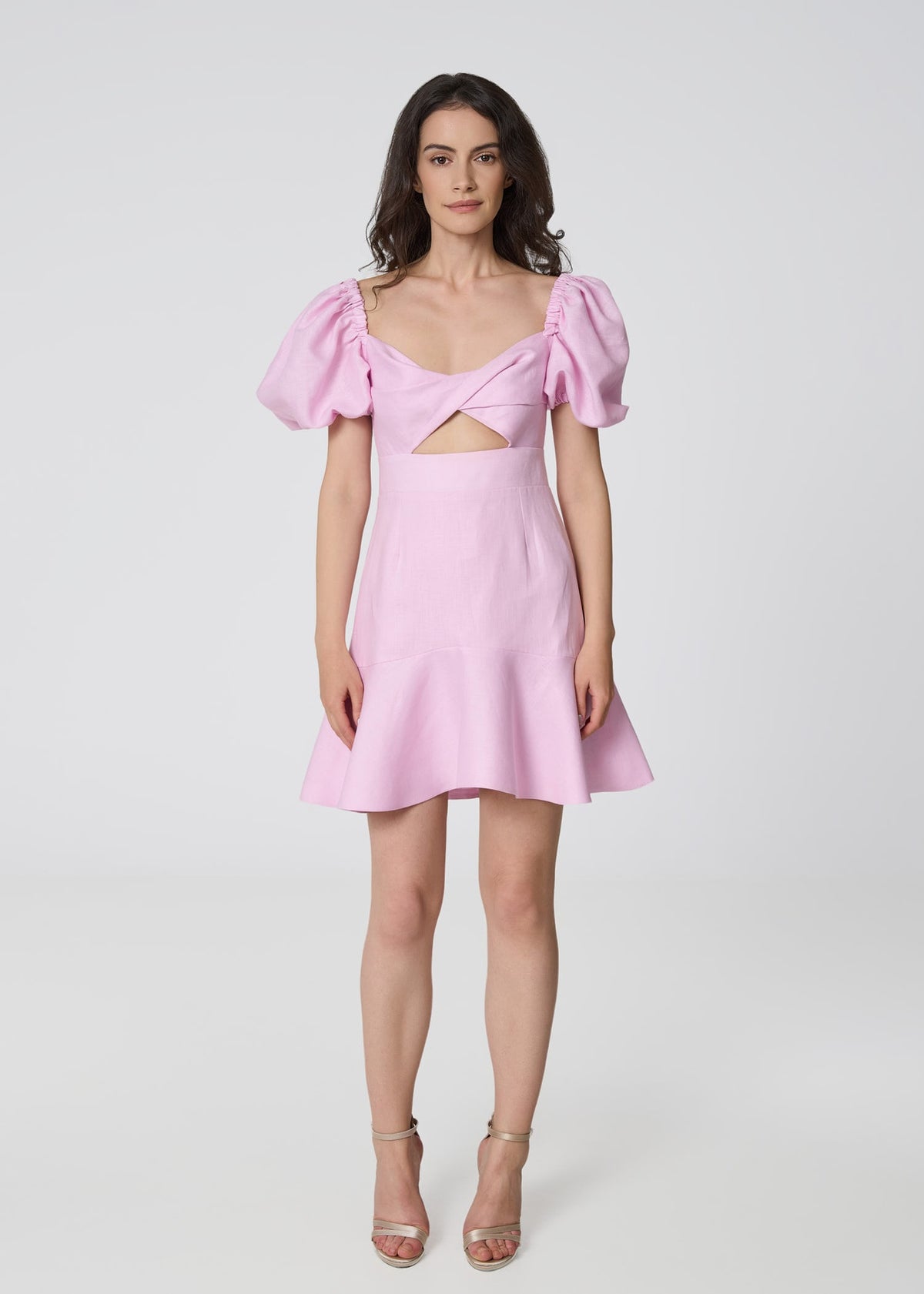 Pink Linen Mini Dress with Puff Sleeves
