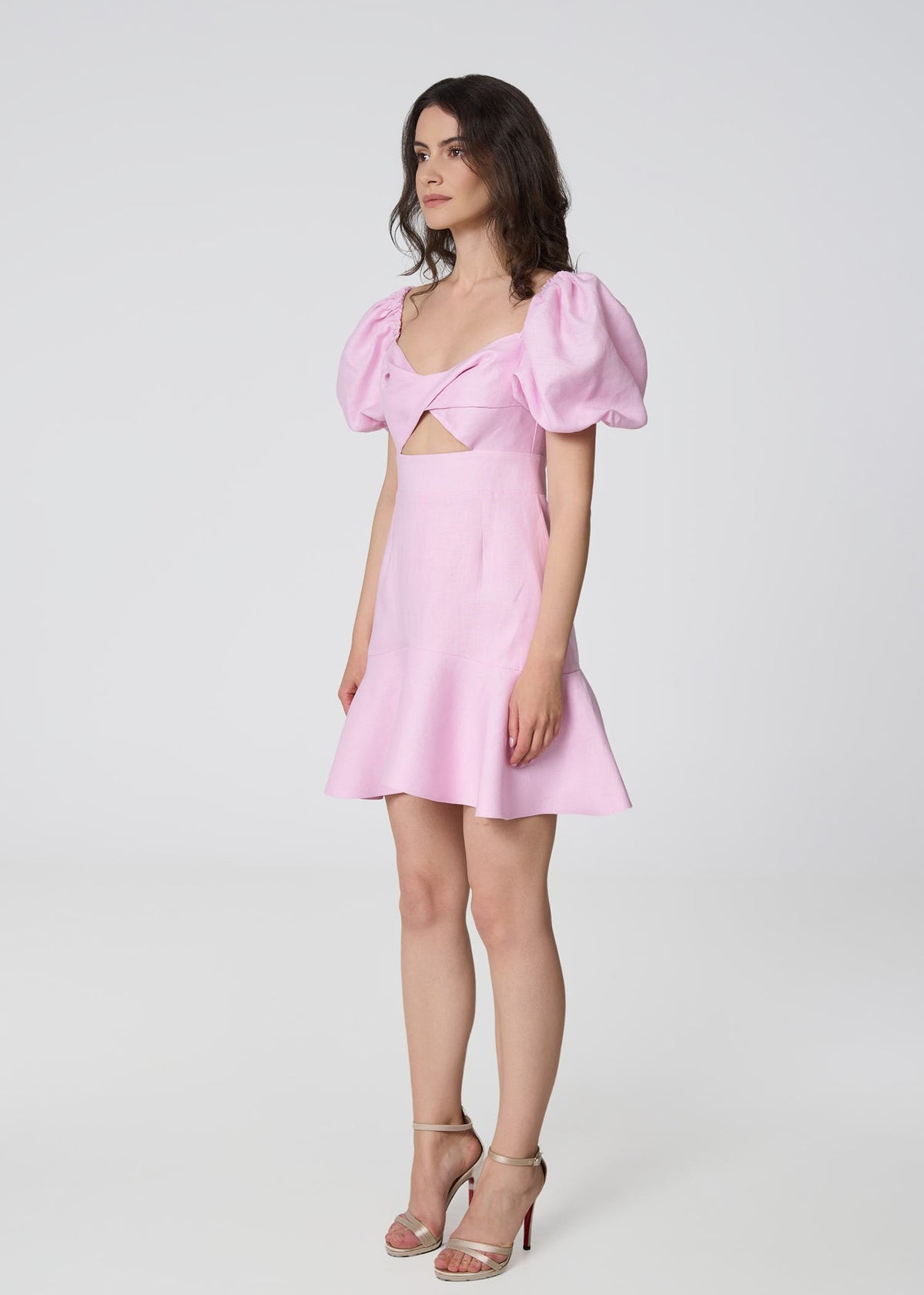 Pink Linen Mini Dress with Puff Sleeves