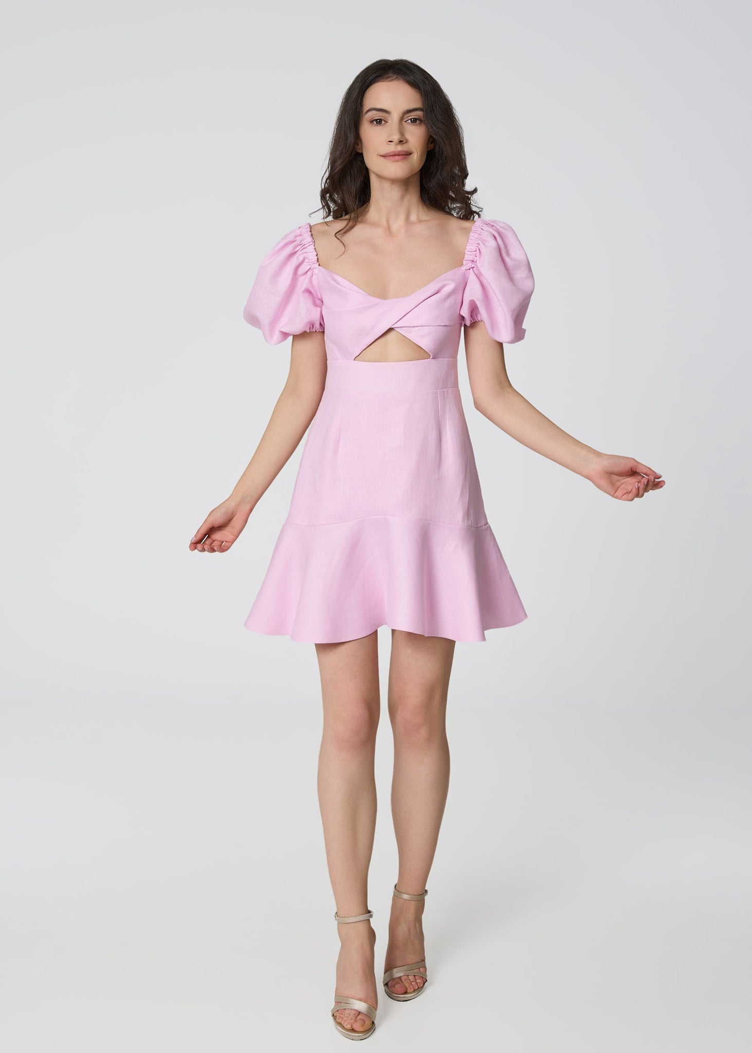 Pink Linen Mini Dress with Puff Sleeves