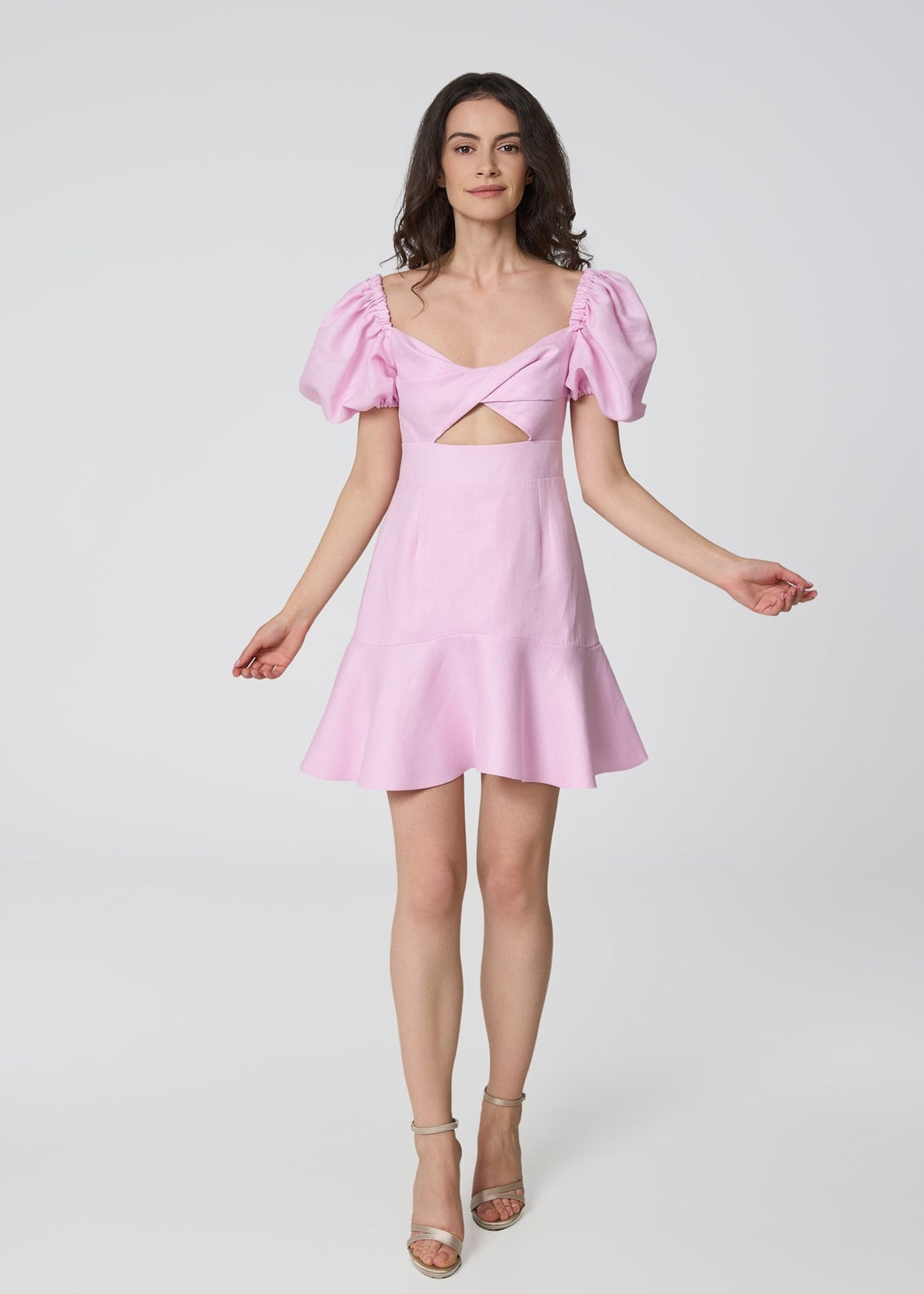 Pink Linen Mini Dress with Puff Sleeves