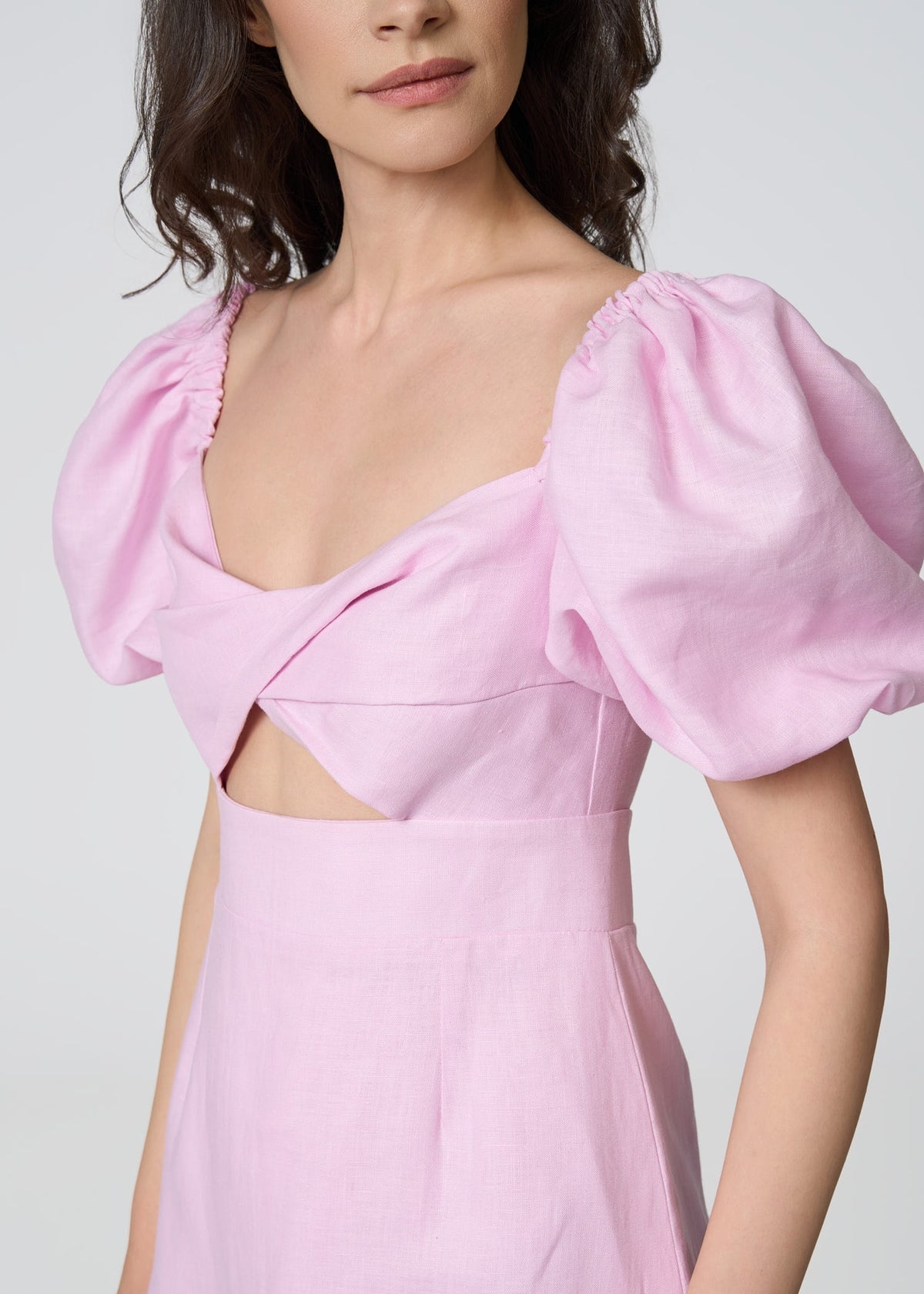 Pink Linen Mini Dress with Puff Sleeves