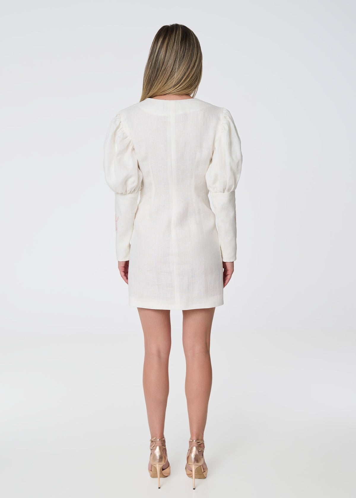 Ivory Linen Blazer Dress with Rose Embroidery