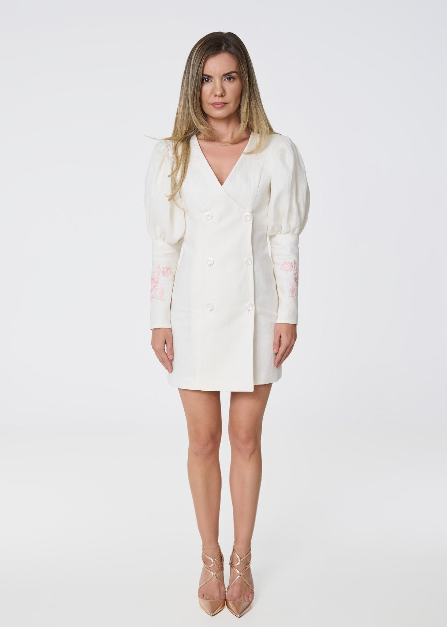 GIORGIA LUCASI - Ivory Linen Blazer Dress with Rose Embroidery