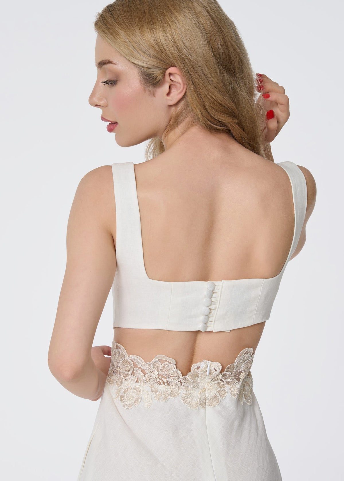 Ivory Linen Midi Dress with Lace Detail