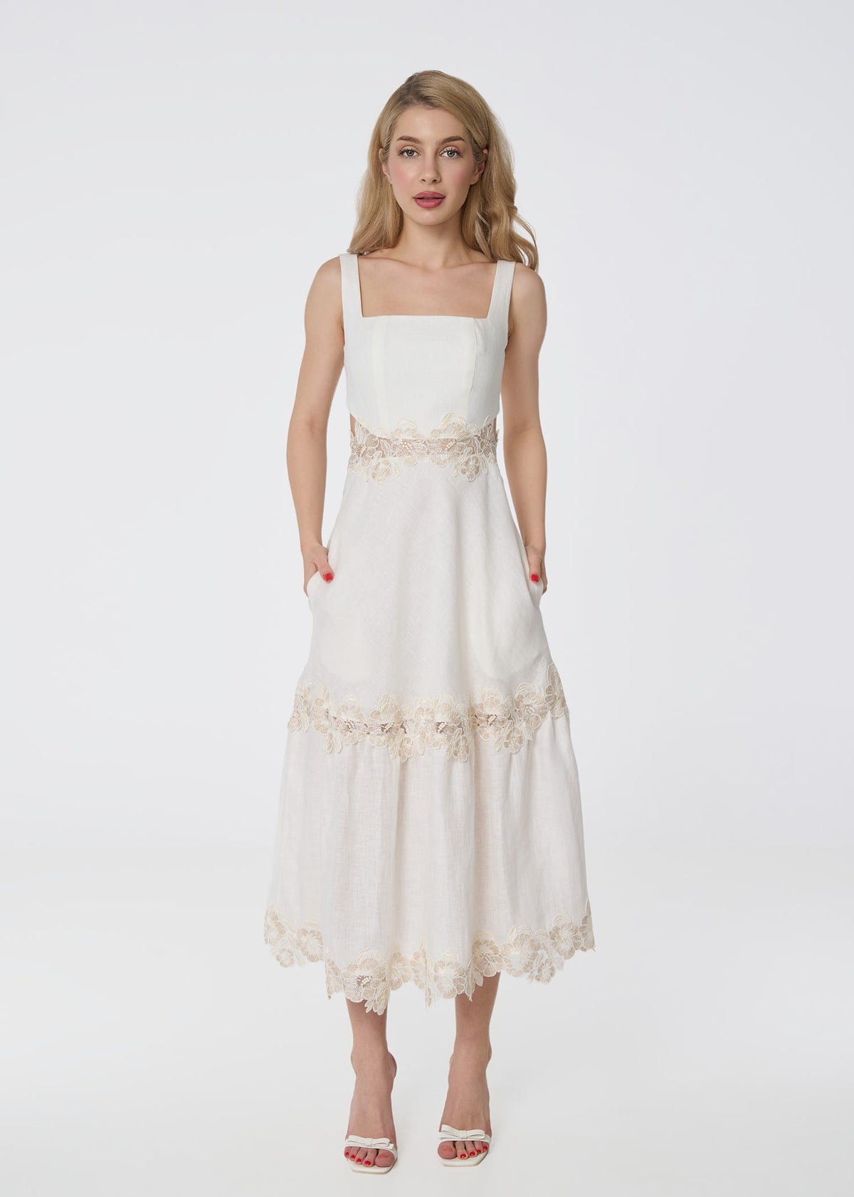 Ivory Linen Midi Dress with Lace Detail