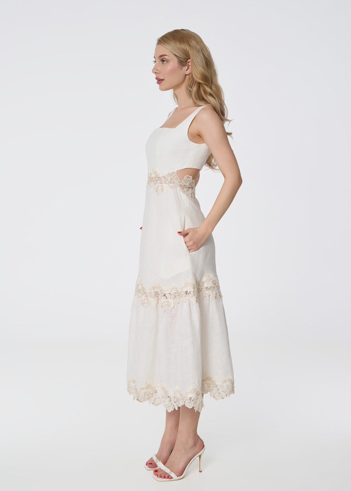 Ivory Linen Midi Dress with Lace Detail