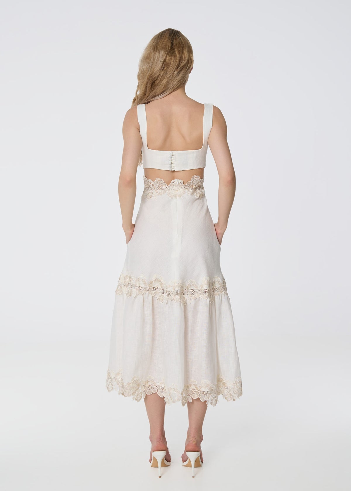 Ivory Linen Midi Dress with Lace Detail