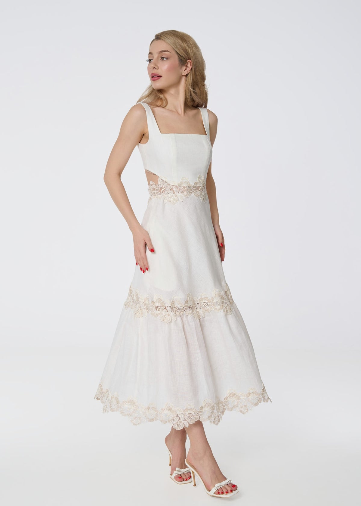 Ivory Linen Midi Dress with Lace Detail