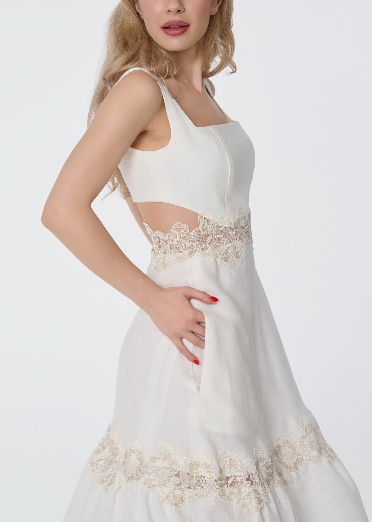 Ivory Linen Midi Dress with Lace Detail