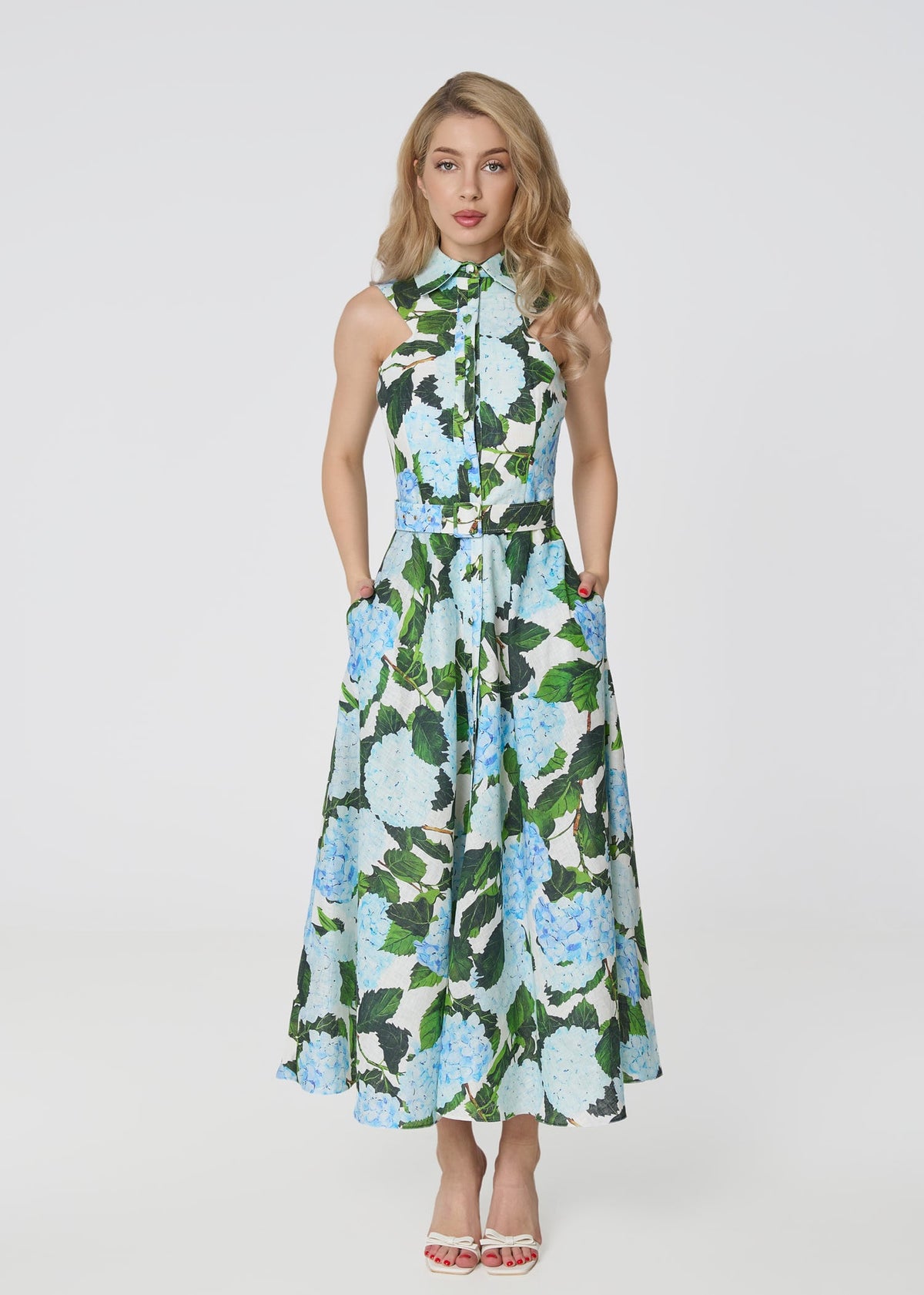 Blue Hydrangea Print Linen Midi Dress