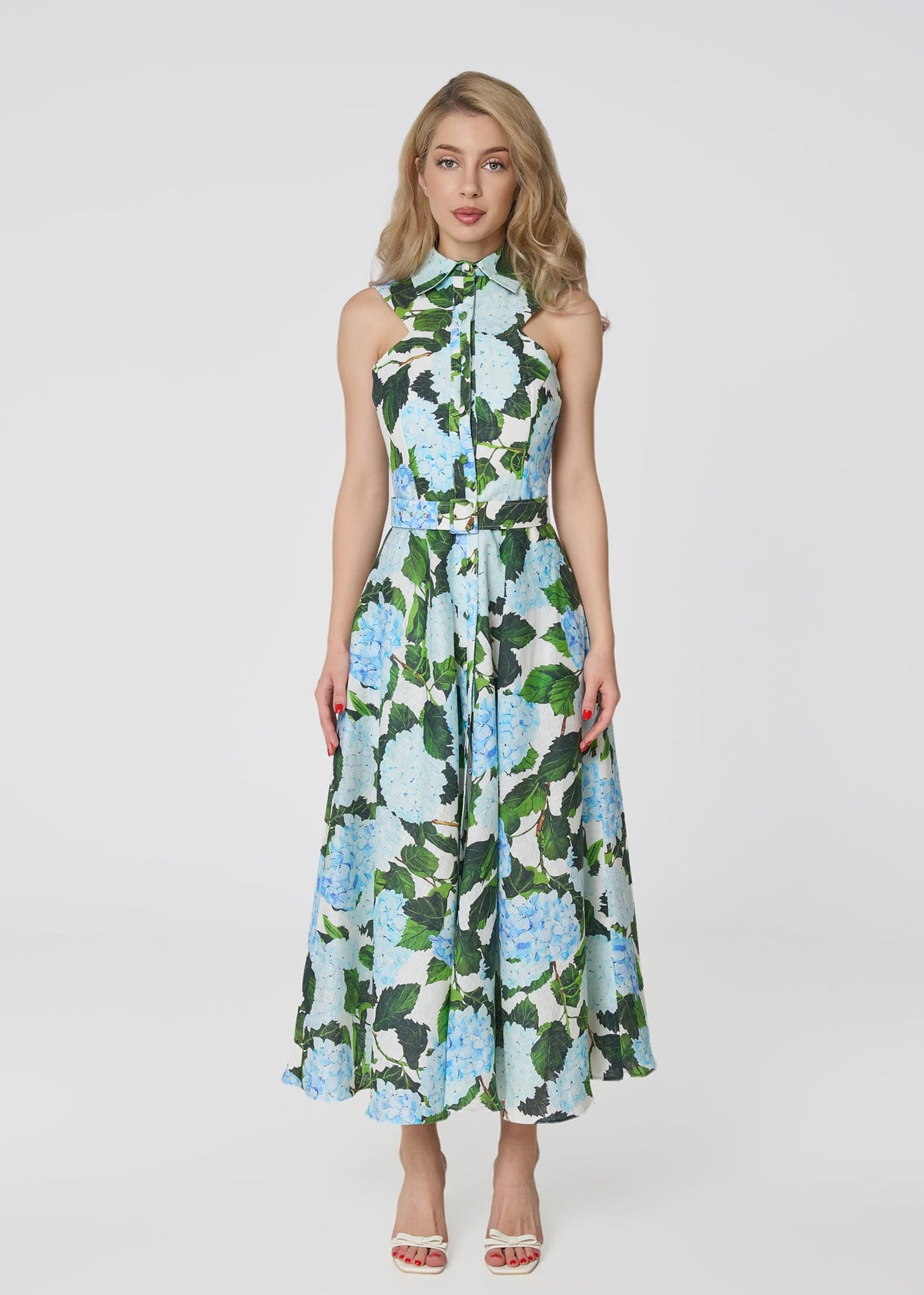 Blue Hydrangea Print Linen Midi Dress