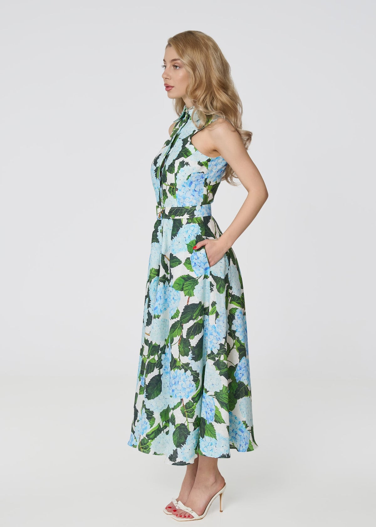 Blue Hydrangea Print Linen Midi Dress
