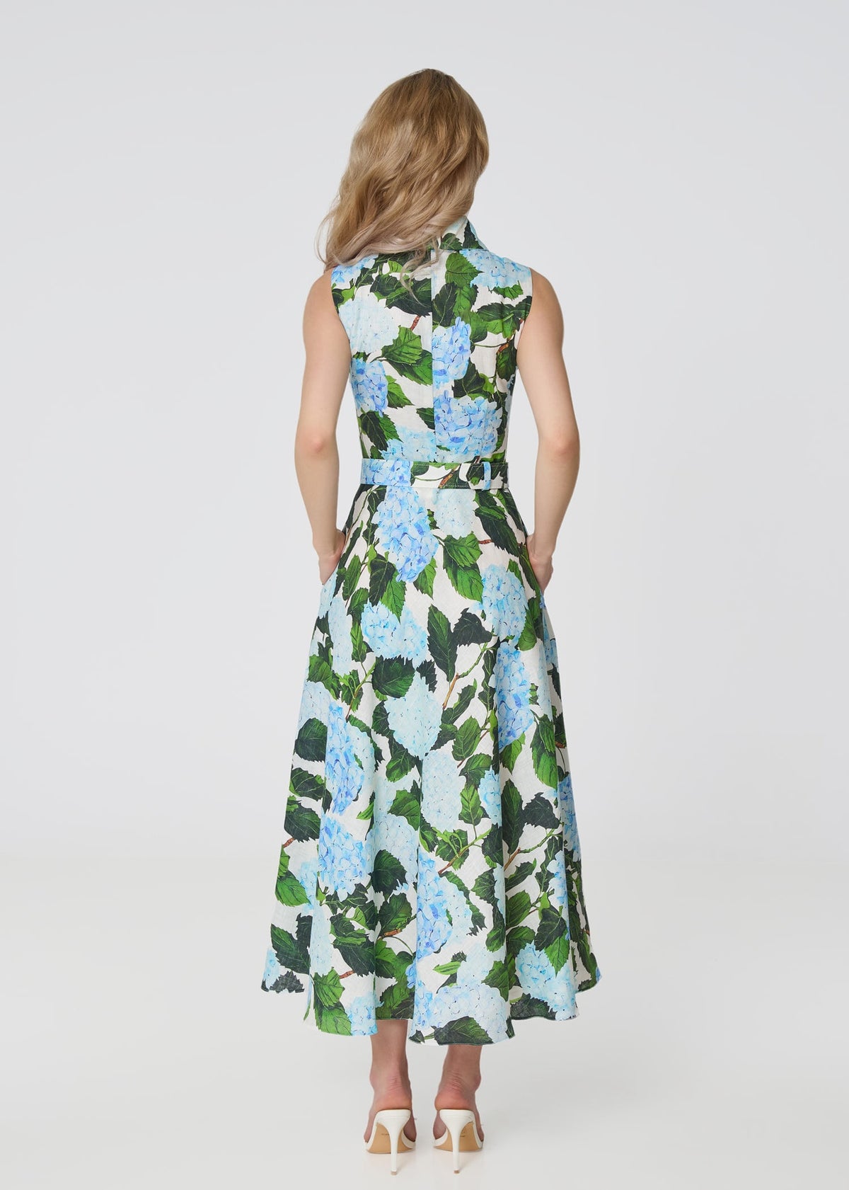 Blue Hydrangea Print Linen Midi Dress