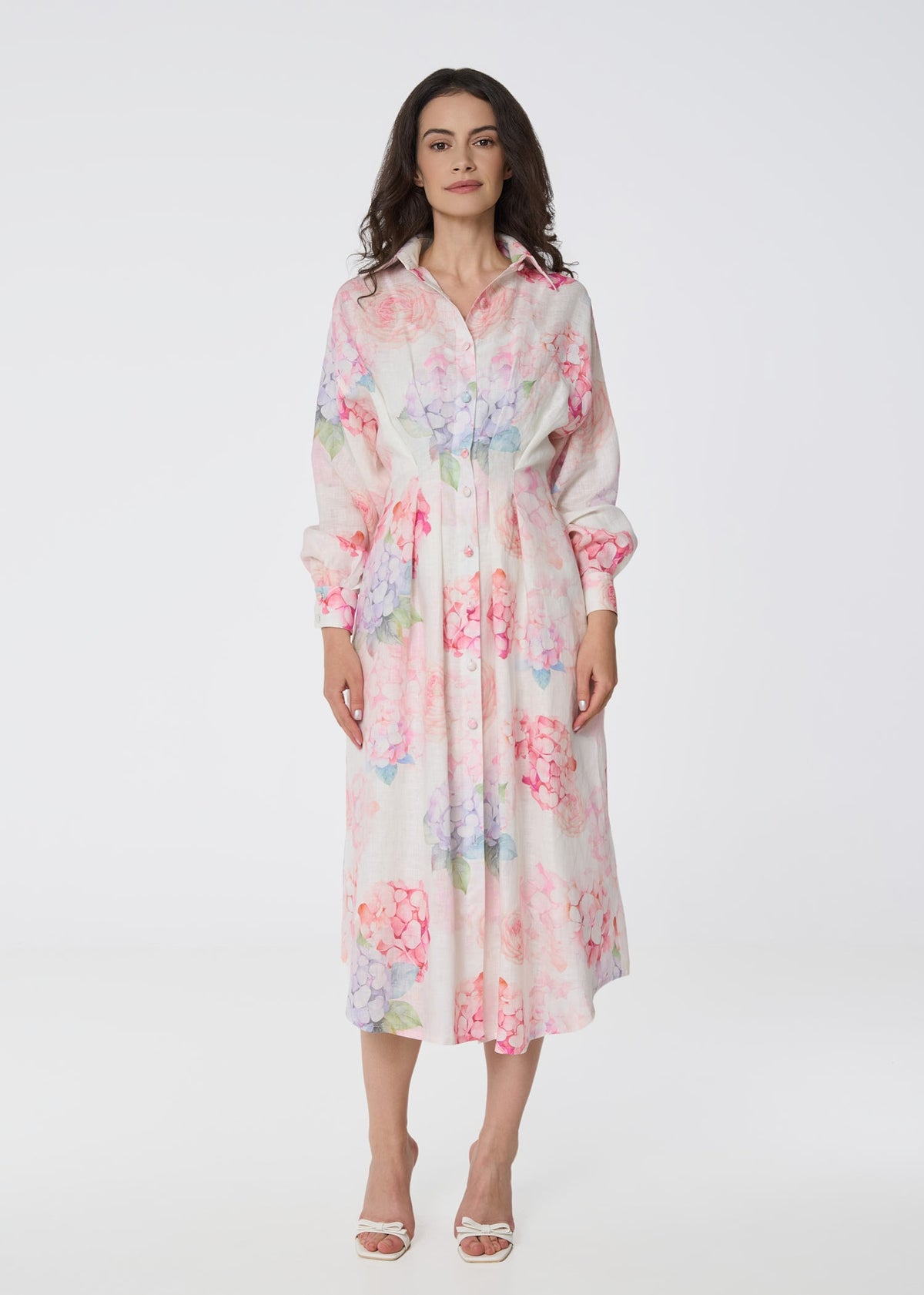 Floral Linen Shirt Dress with Balloon Sleeves