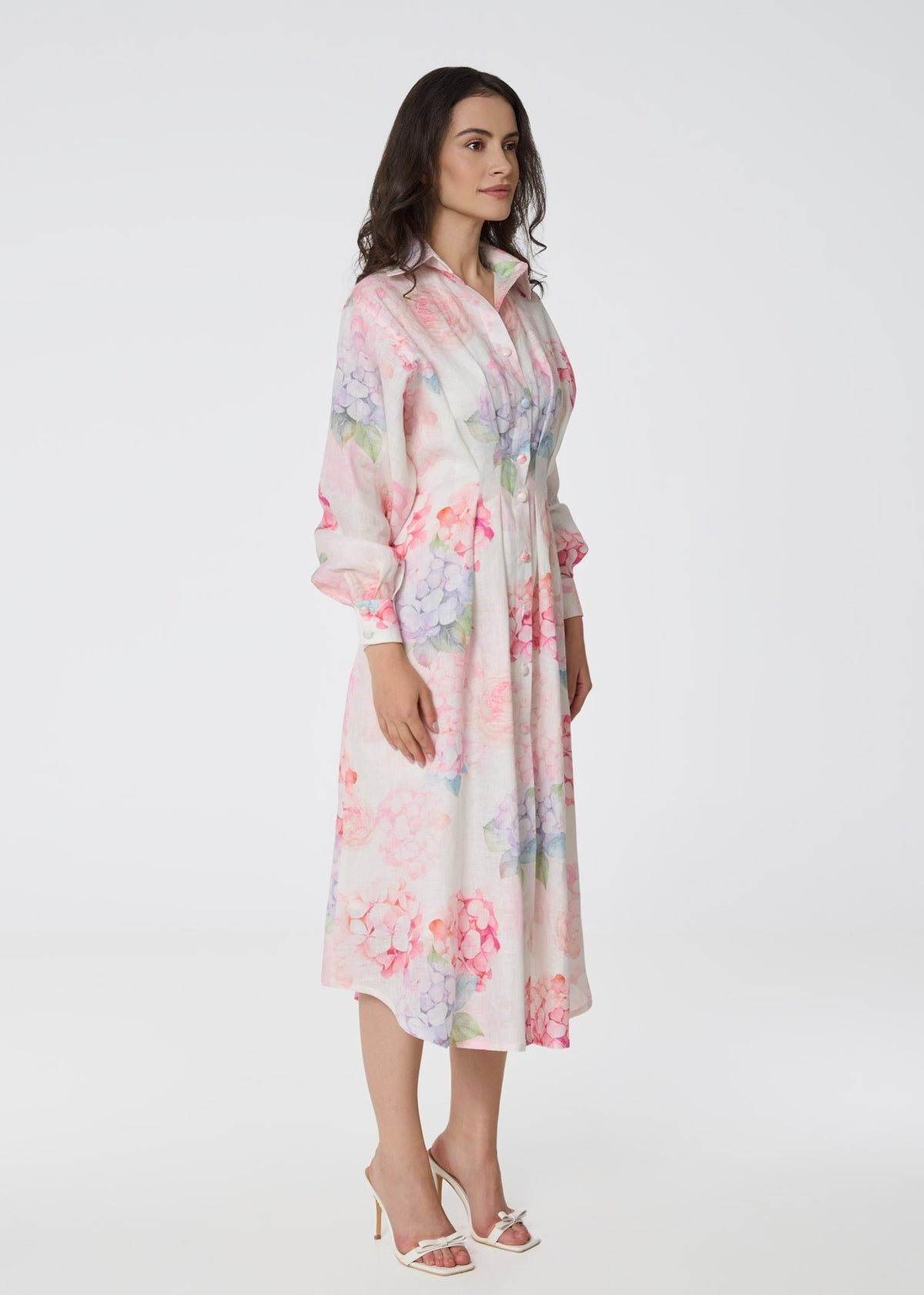Floral Linen Shirt Dress with Balloon Sleeves